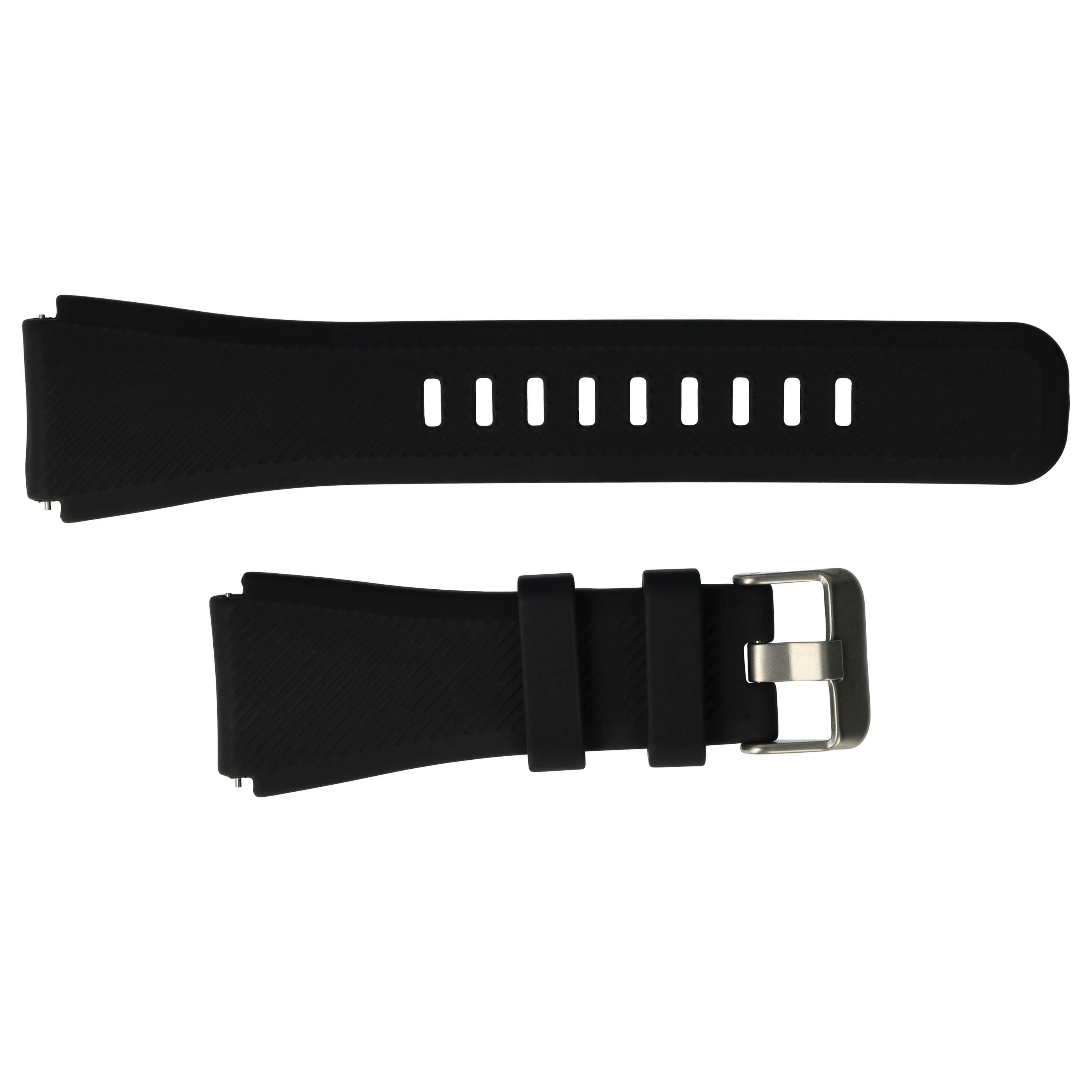 Schwarzes Uhrenarmband. Oberteil hat Löcher. Unterteil hat Schlaufen und eine silberne Schnalle. Weißer Hintergrund.