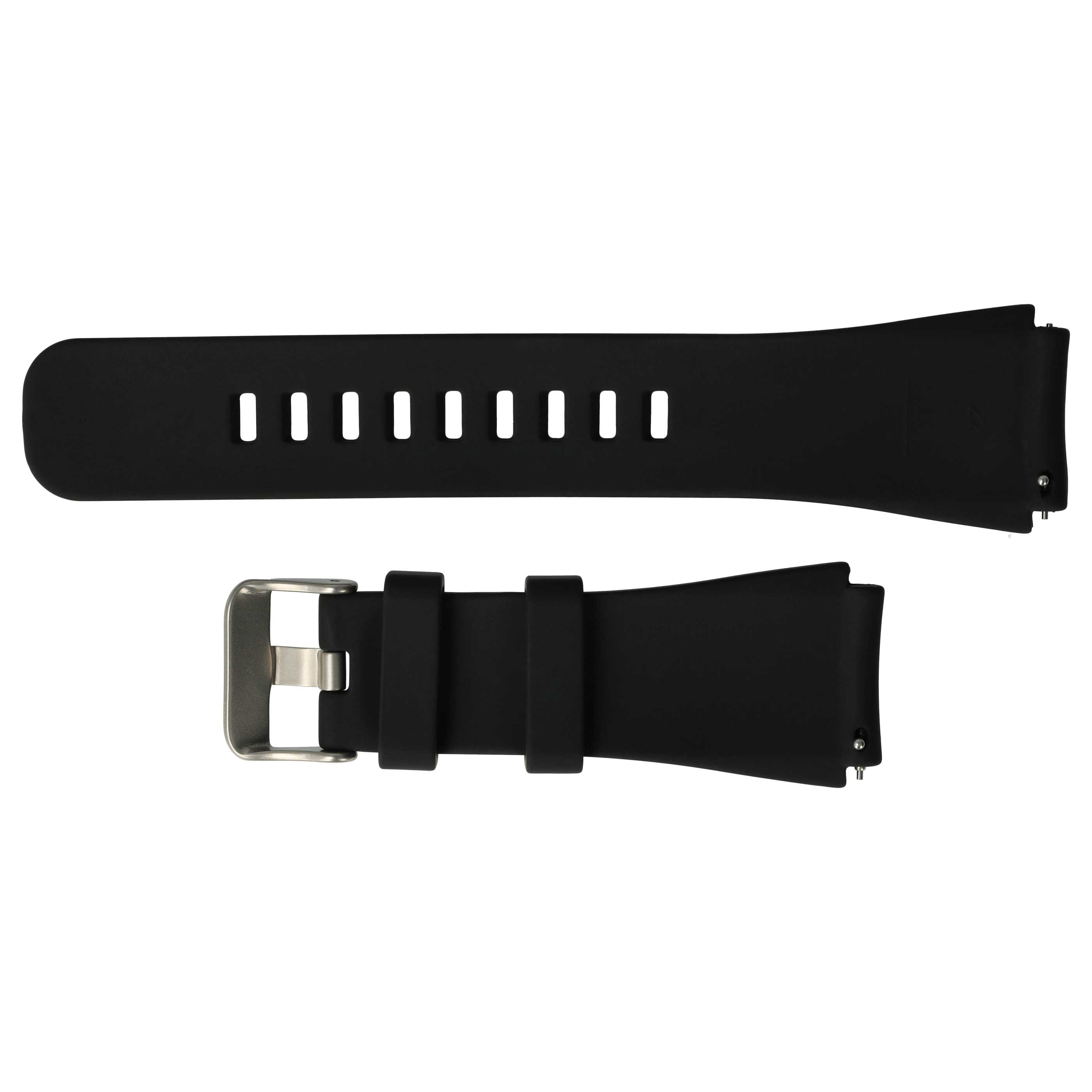 Ein schwarzes Uhrenarmband liegt auf einer weißen Oberfläche. Es hat Löcher und eine silberne Schnalle. Das Band ist neu.