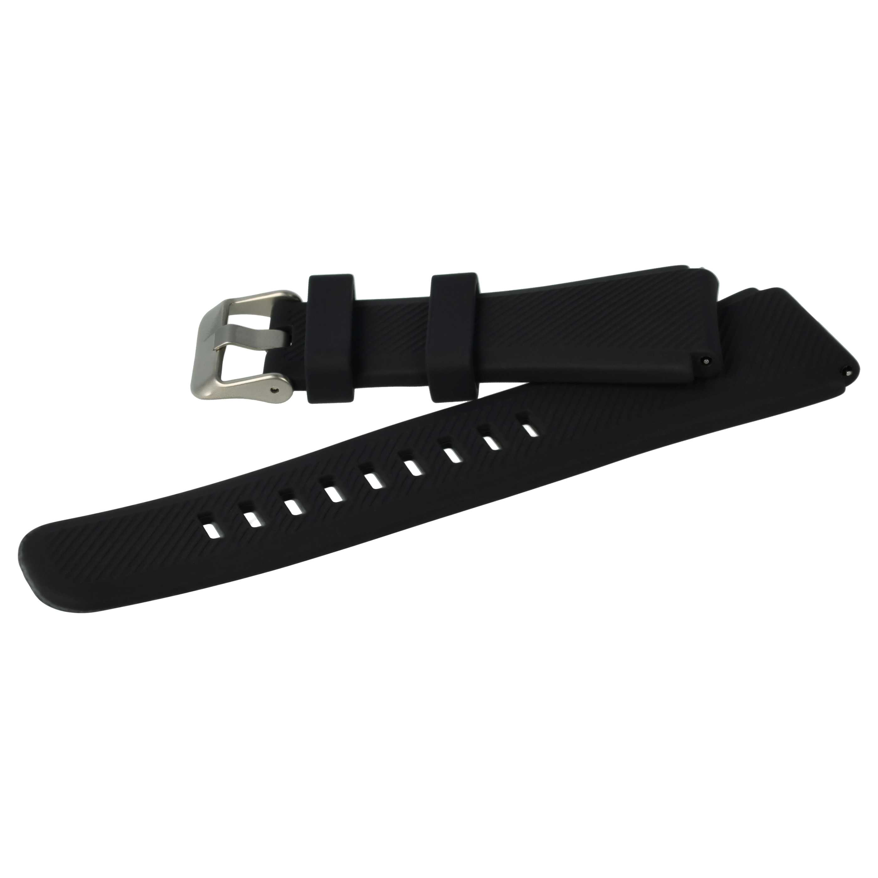 Schwarzes Uhrenarmband mit silberner Schnalle auf weißem Untergrund. Das Band hat Löcher zur Einstellung.