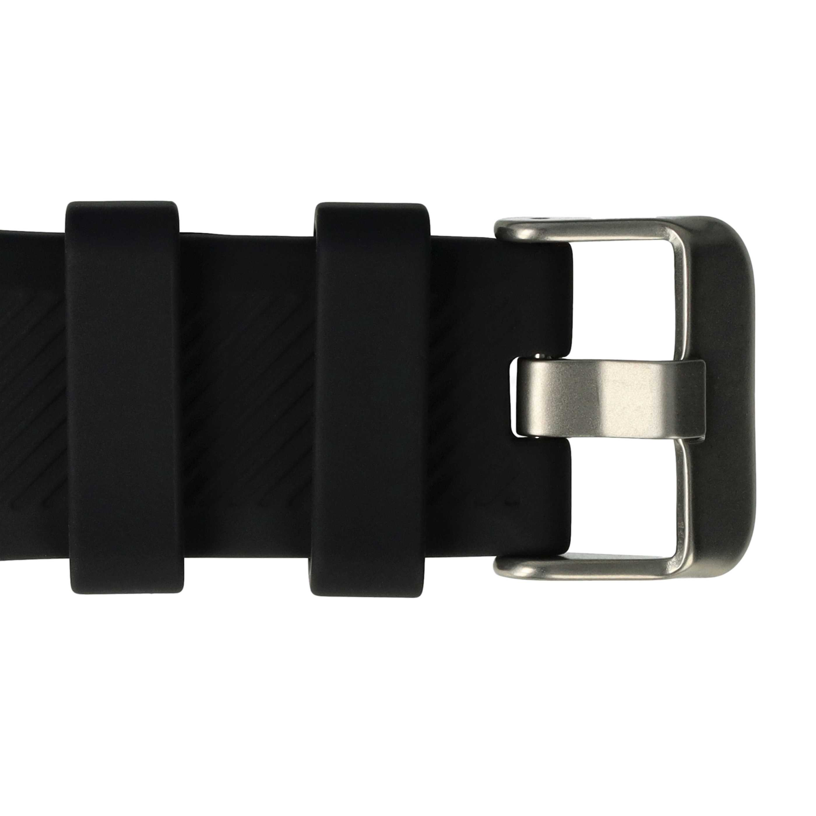 Nahaufnahme eines schwarzen Uhrenarmbands mit silberner Schnalle. Zwei schwarze Schlaufen sind sichtbar. Weißer Hintergrund.