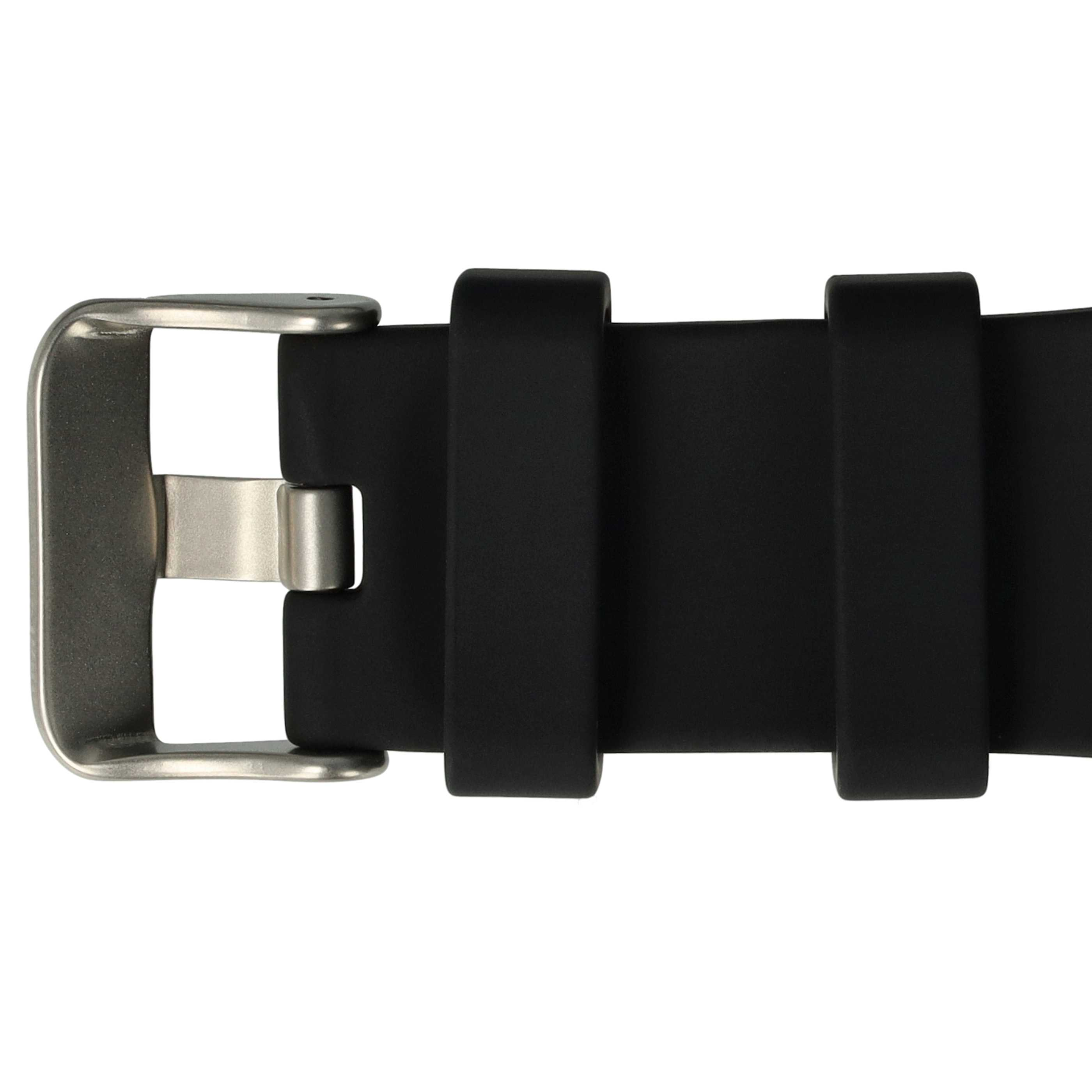 Nahaufnahme eines Uhrenarmbands mit silberner Schnalle und schwarzem Gummiband. Weißer Hintergrund.