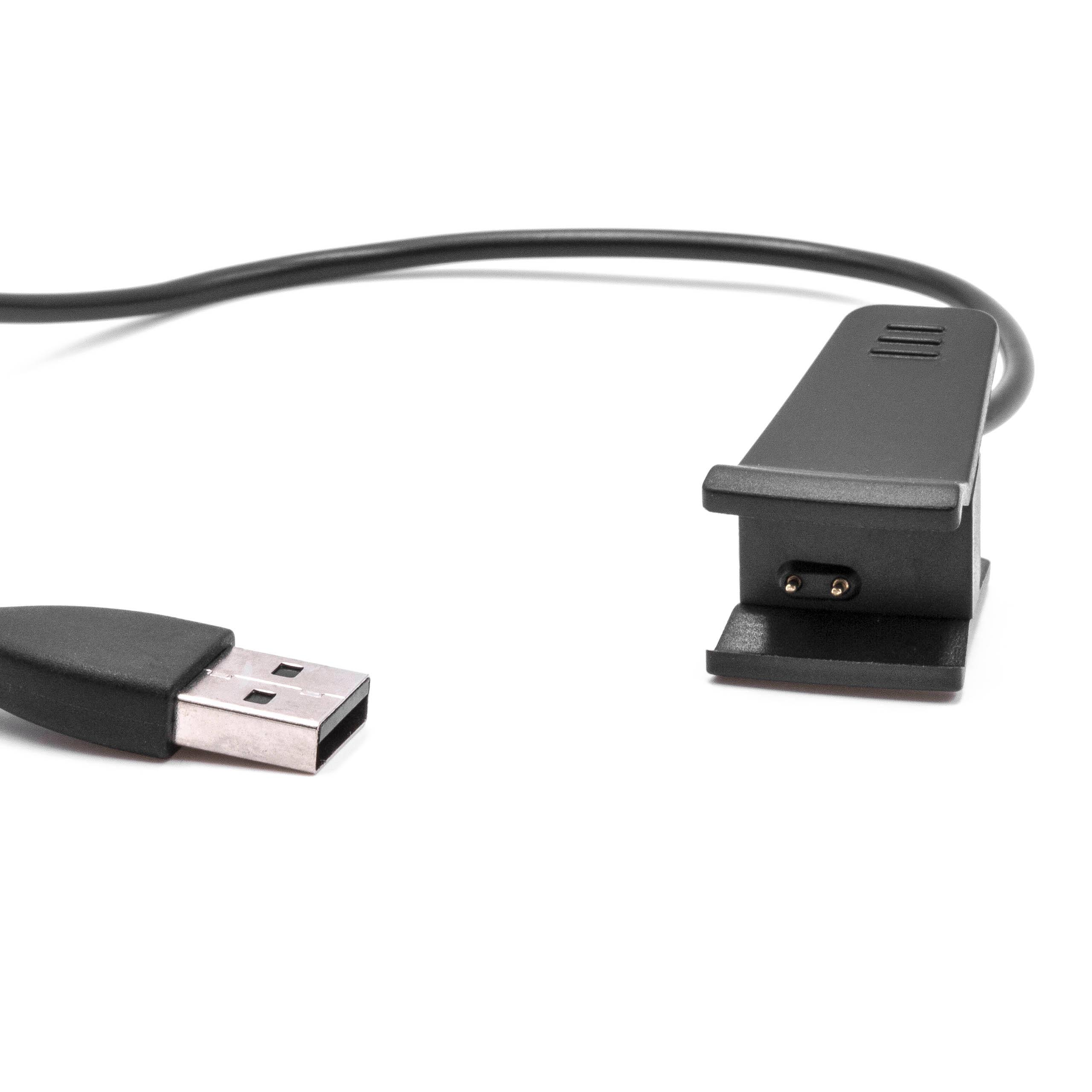 Ein schwarzes USB-Ladekabel mit USB-Anschluss und Ladeclip auf weißem Hintergrund.