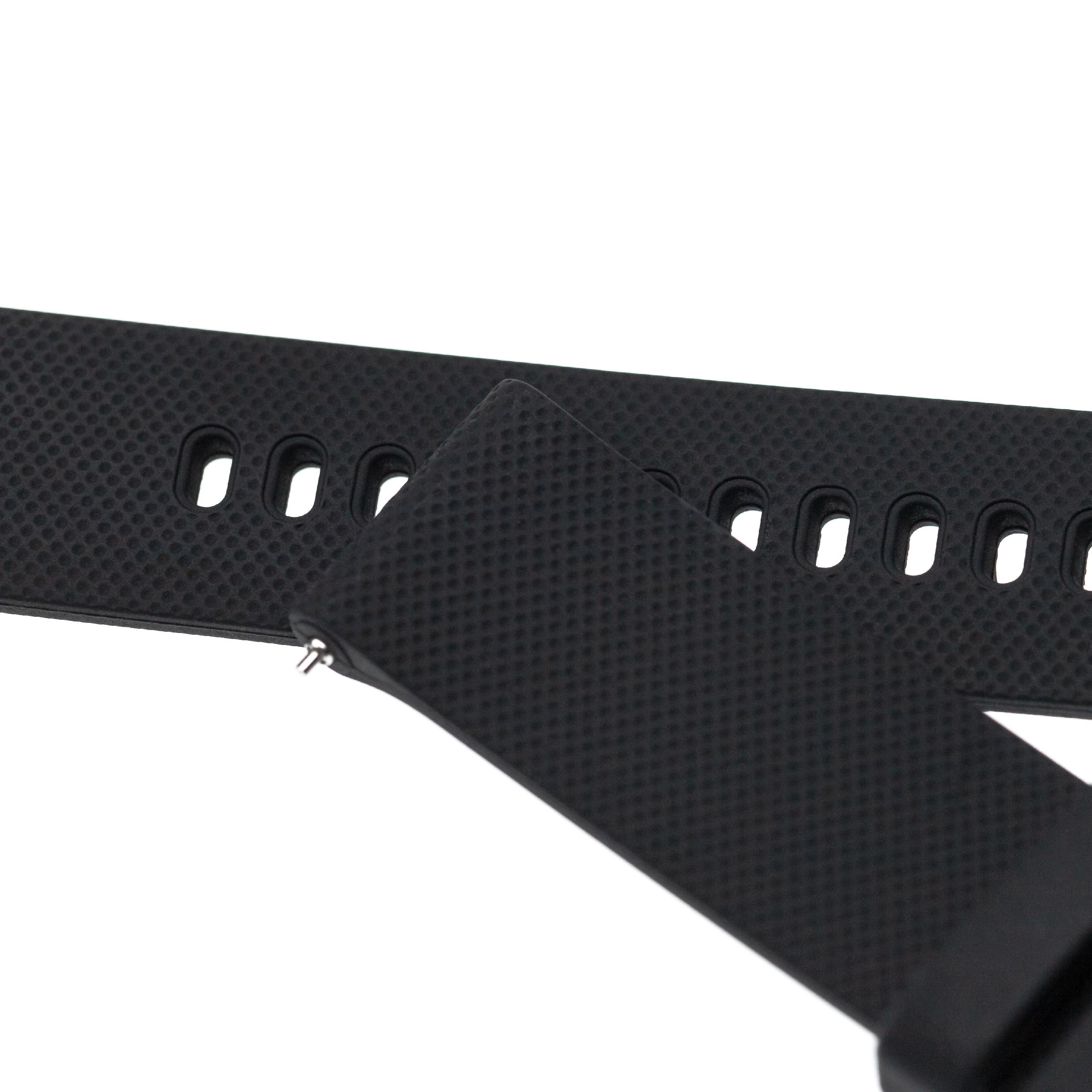 Nahaufnahme eines schwarzen Uhrenarmbands mit strukturierter Oberfläche und ovalen Löchern, das sich teilweise mit einem anderen Band überlappt.