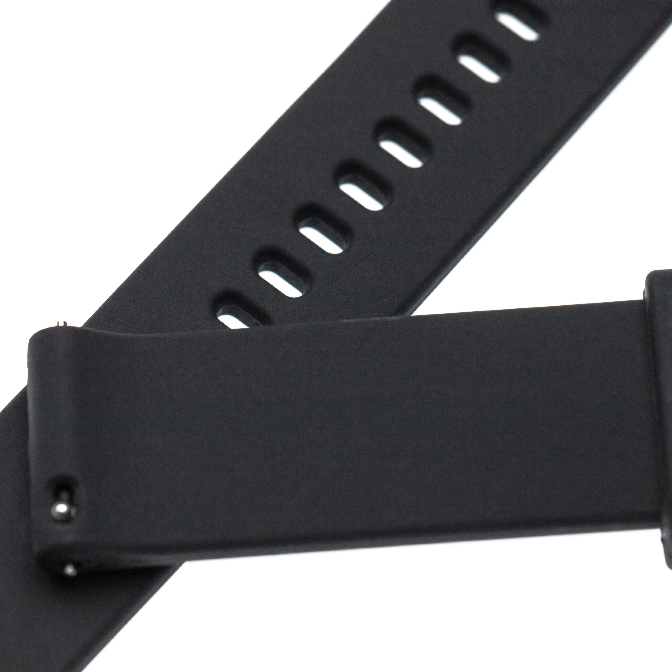 Nahaufnahme eines schwarzen Uhrenarmbands mit ovalen Löchern. Der Riemen ist vor weißem Hintergrund.