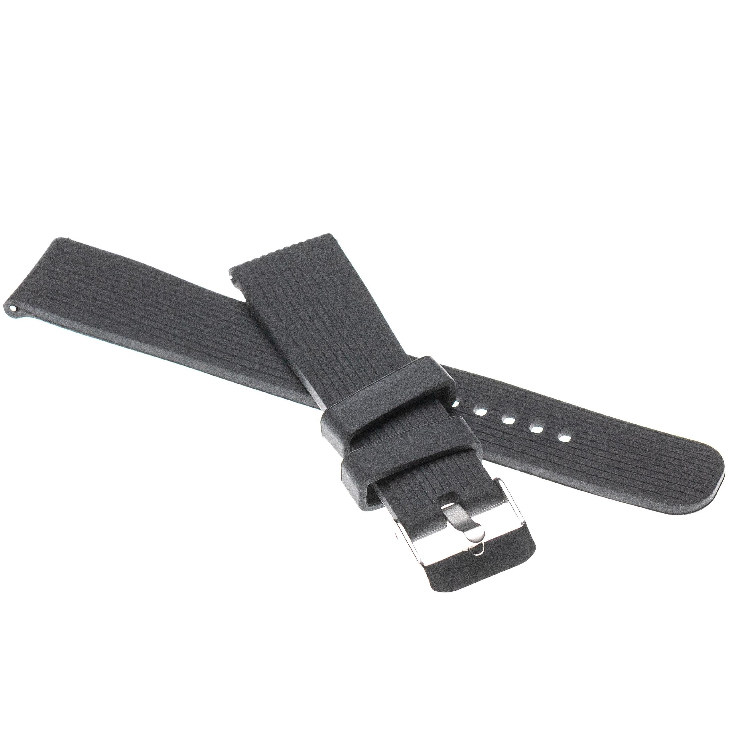Schwarzes Uhrenarmband mit Rillen, Metallschnalle und Löchern zur Verstellung. Isoliert auf weißem Hintergrund.