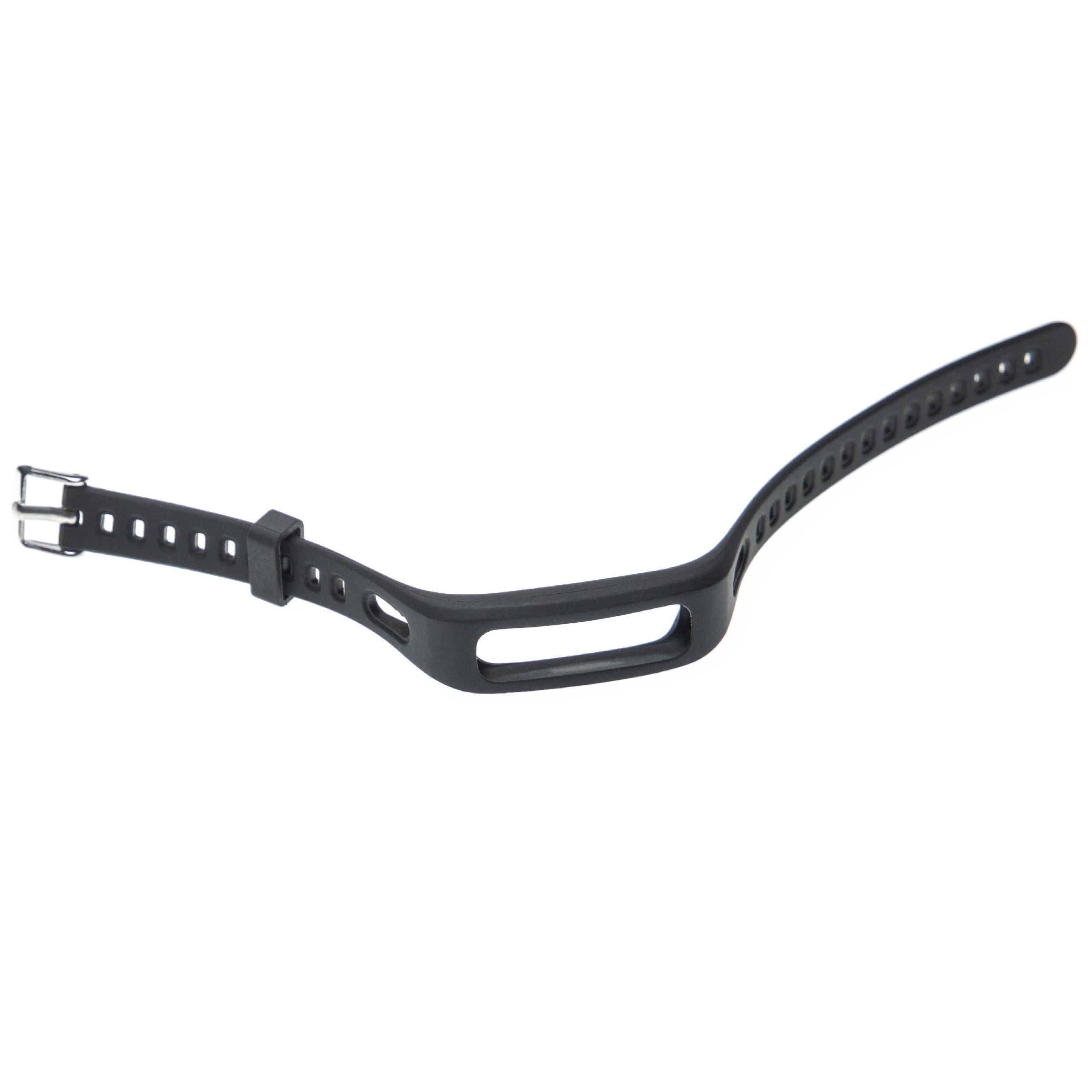 Ein schwarzes Uhrenarmband mit Schnalle. Das Armband hat Löcher zur Verstellung und liegt auf weißem Grund.
