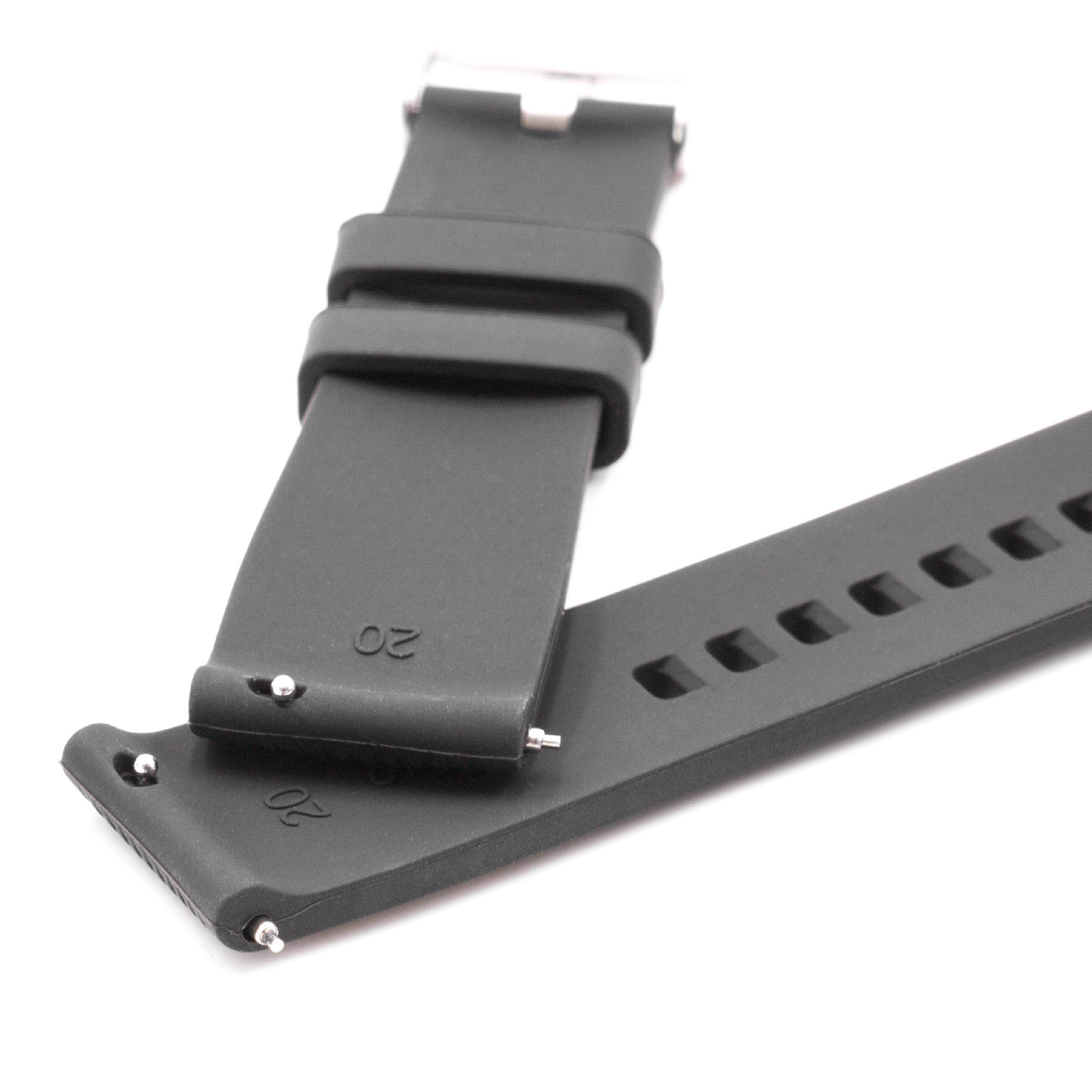 Schwarzes Uhrenarmband mit silbernen Stiften und Schnalle auf weißem Hintergrund. Das Armband hat Löcher.