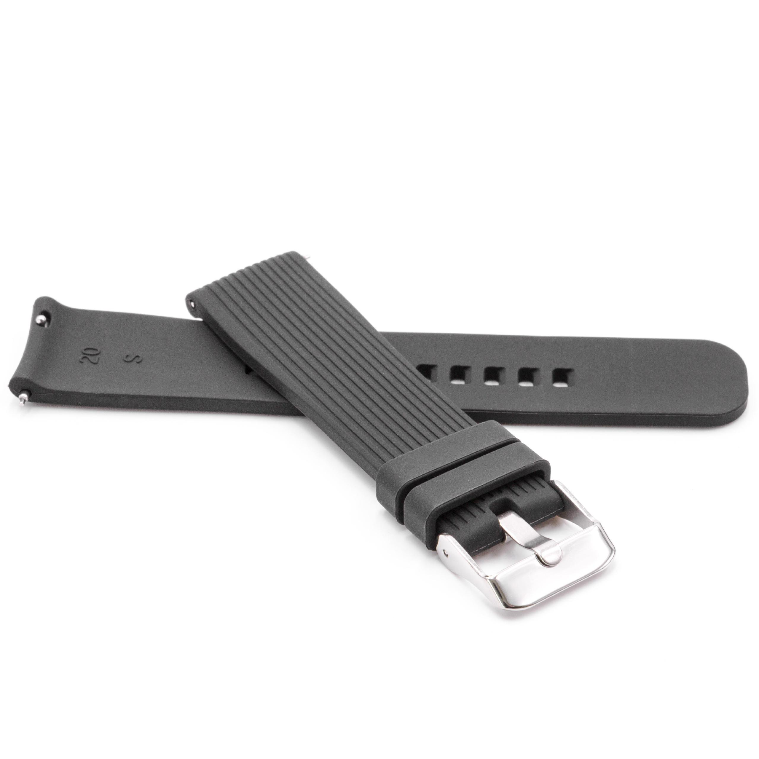 Ein schwarzes Uhrenarmband mit silberner Schnalle liegt auf weißem Grund. Das Band ist gerippt.