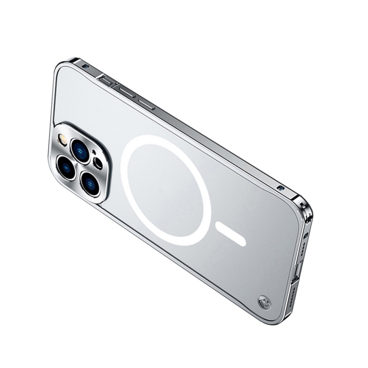 Eine transparente iPhone-Hülle mit silbernem Rahmen. Die Hülle hat ein kreisförmiges Design auf der Rückseite. Der Hintergrund ist weiß.