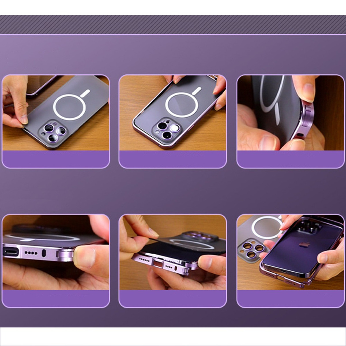 Hände installieren ein Telefon in eine lila Hülle. Die Hülle hat einen Magnetring und Kameraausschnitte.