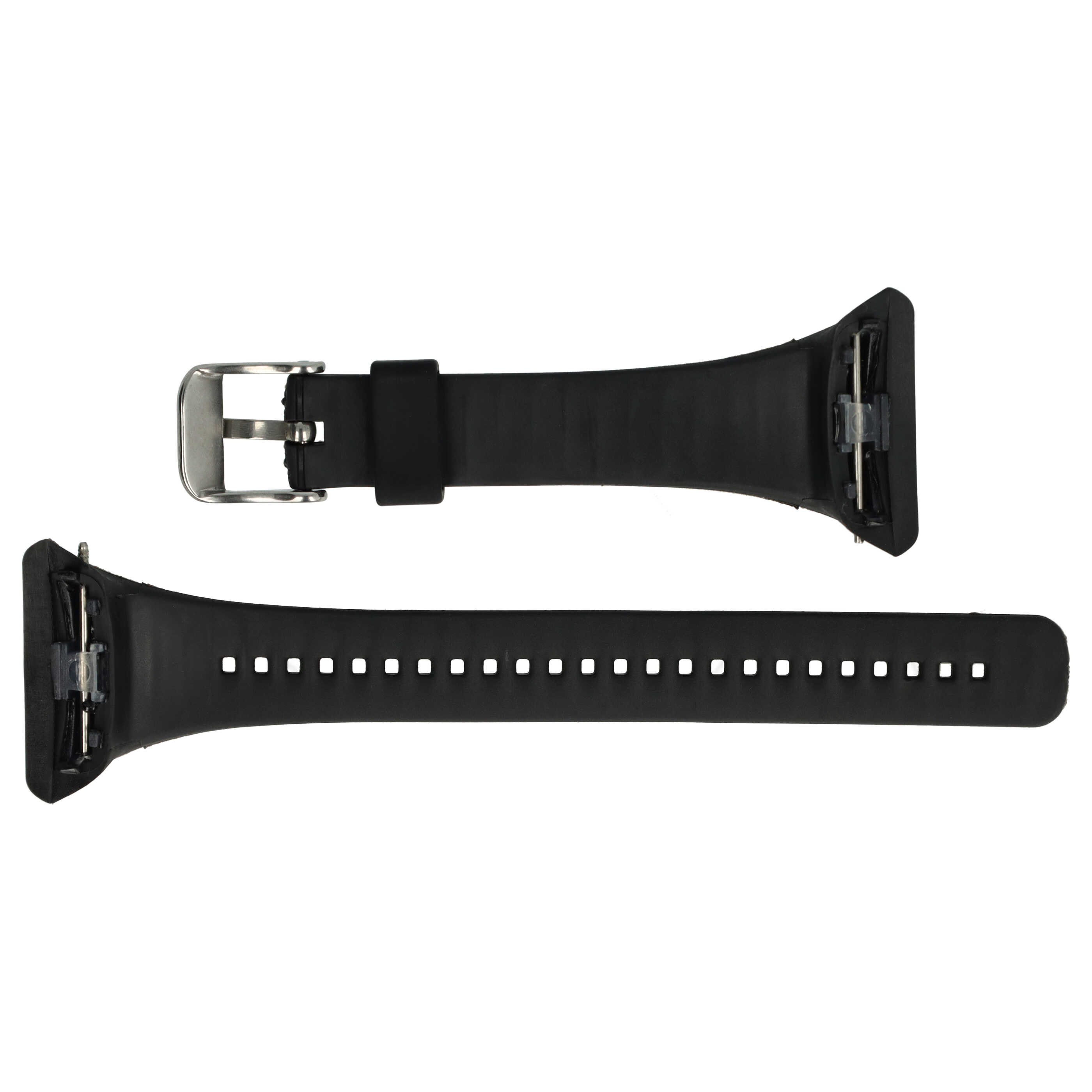 Zwei schwarze Uhrenarmbänder auf weißem Hintergrund. Eines hat eine Metallschnalle. Das andere hat Löcher.