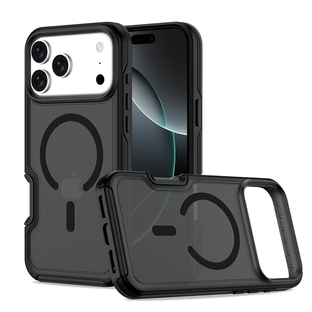 Custodia nera per iPhone con anello magnetico e telefono all'interno. La custodia ha un ritaglio per la fotocamera e il logo Apple.