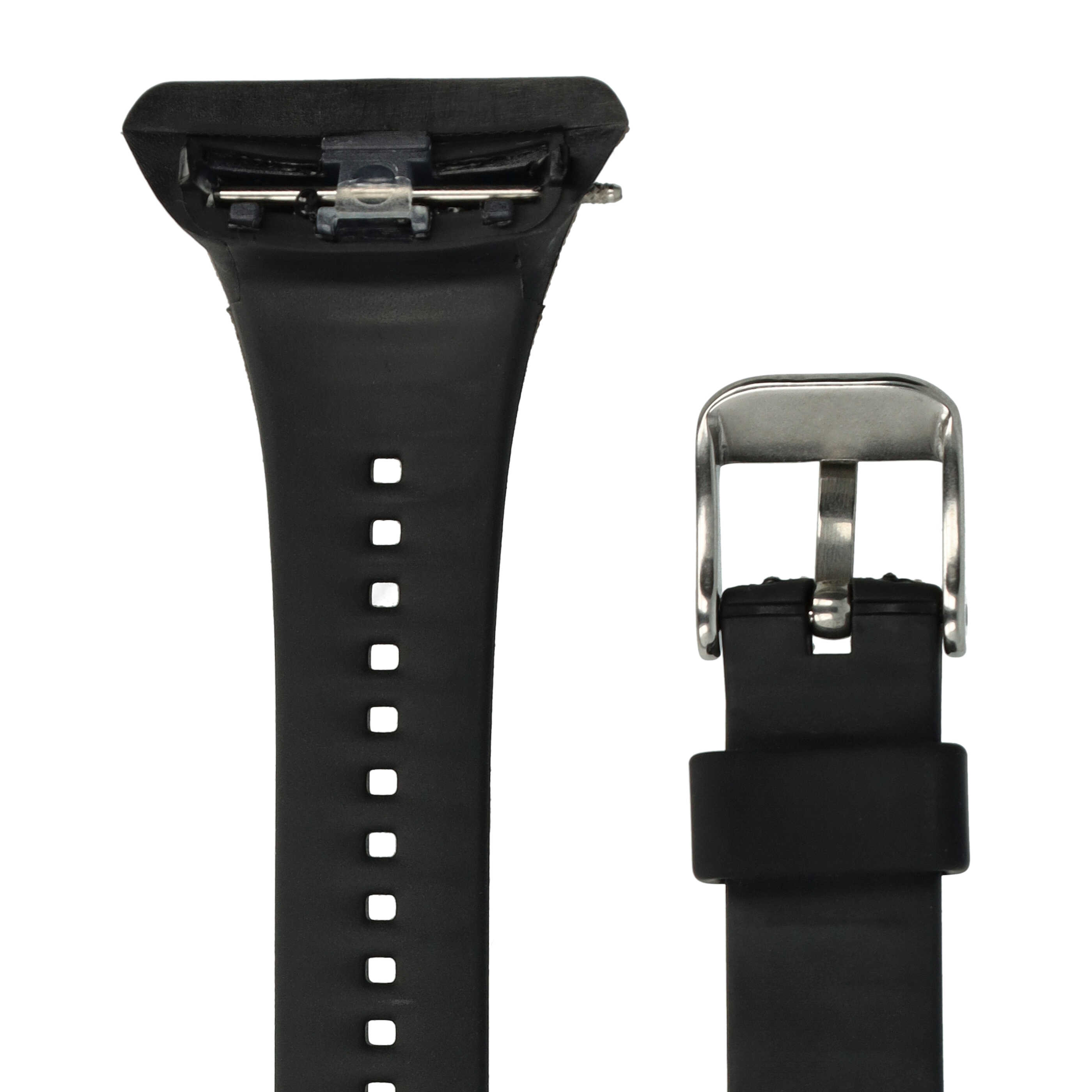 Nahaufnahme eines schwarzen Uhrenarmbands mit silberner Schnalle und schwarzem Bandende. Weißer Hintergrund.