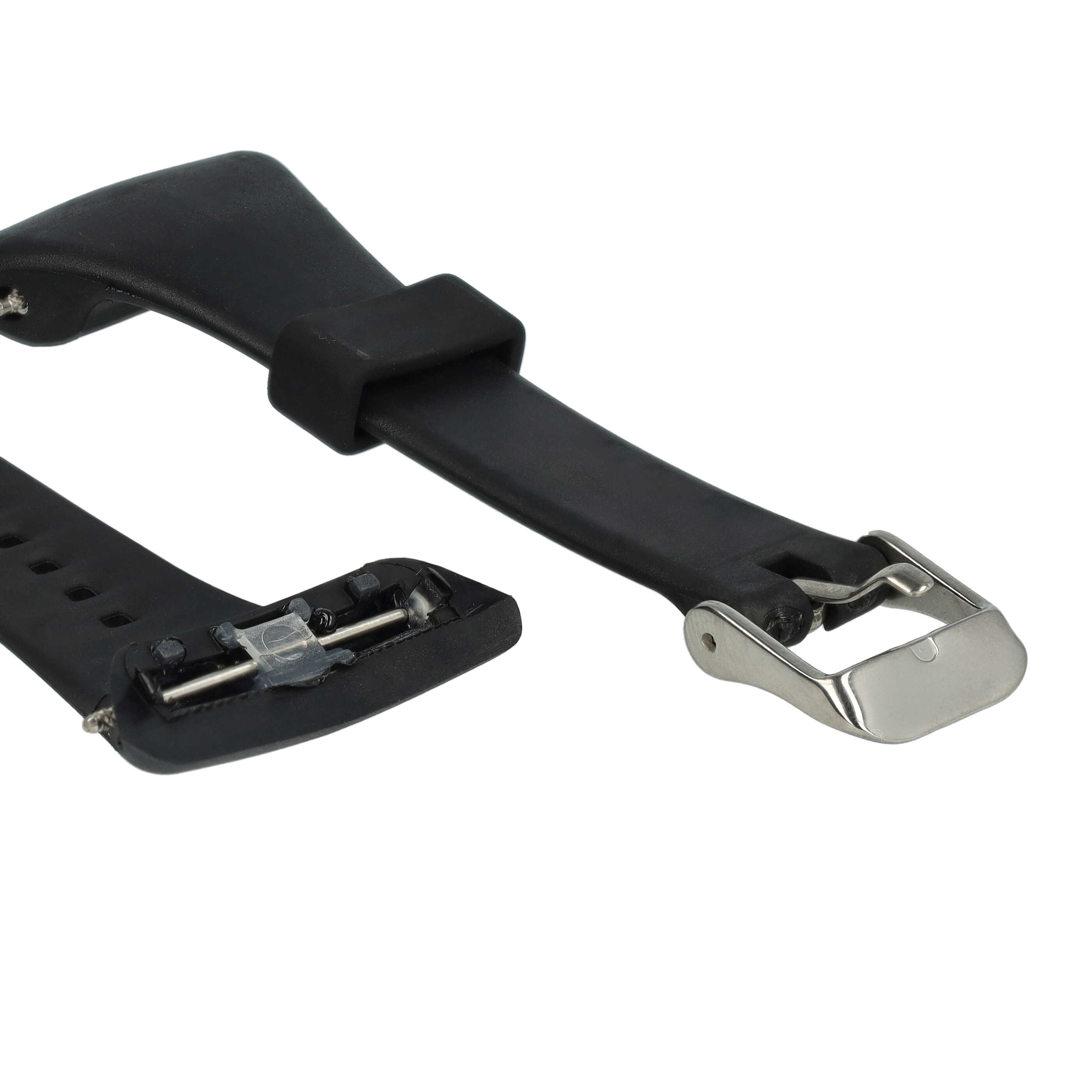 Schwarzes Uhrenarmband mit silberner Schnalle auf weißem Hintergrund. Das Armband ist abgenommen.