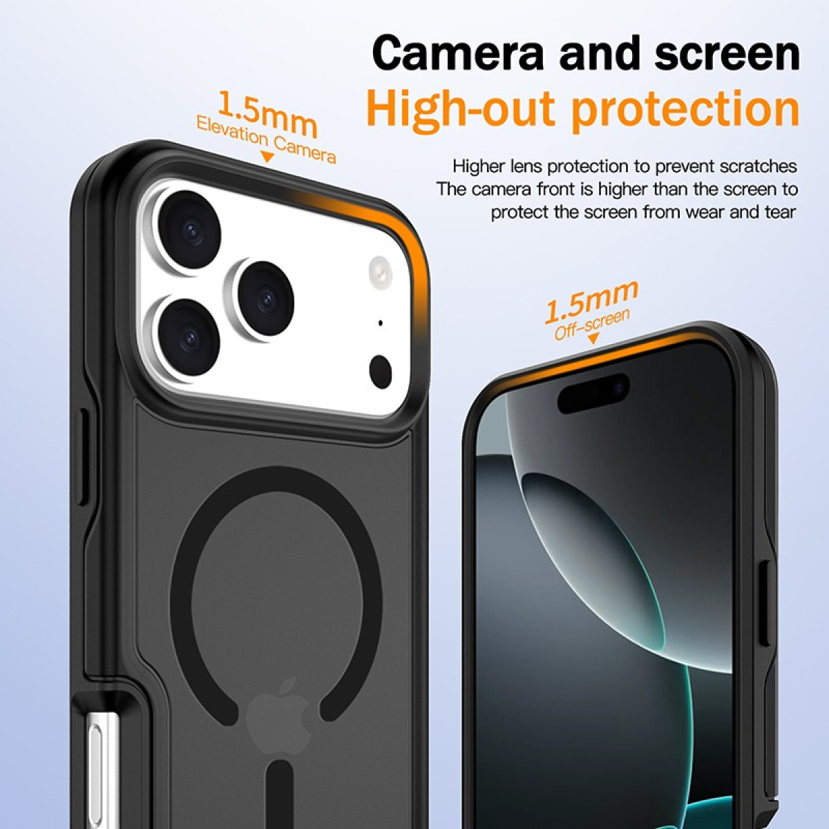 Due custodie nere per telefono con dettagli arancioni. Una mostra la fotocamera, l'altra lo schermo, entrambe con bordi protettivi.