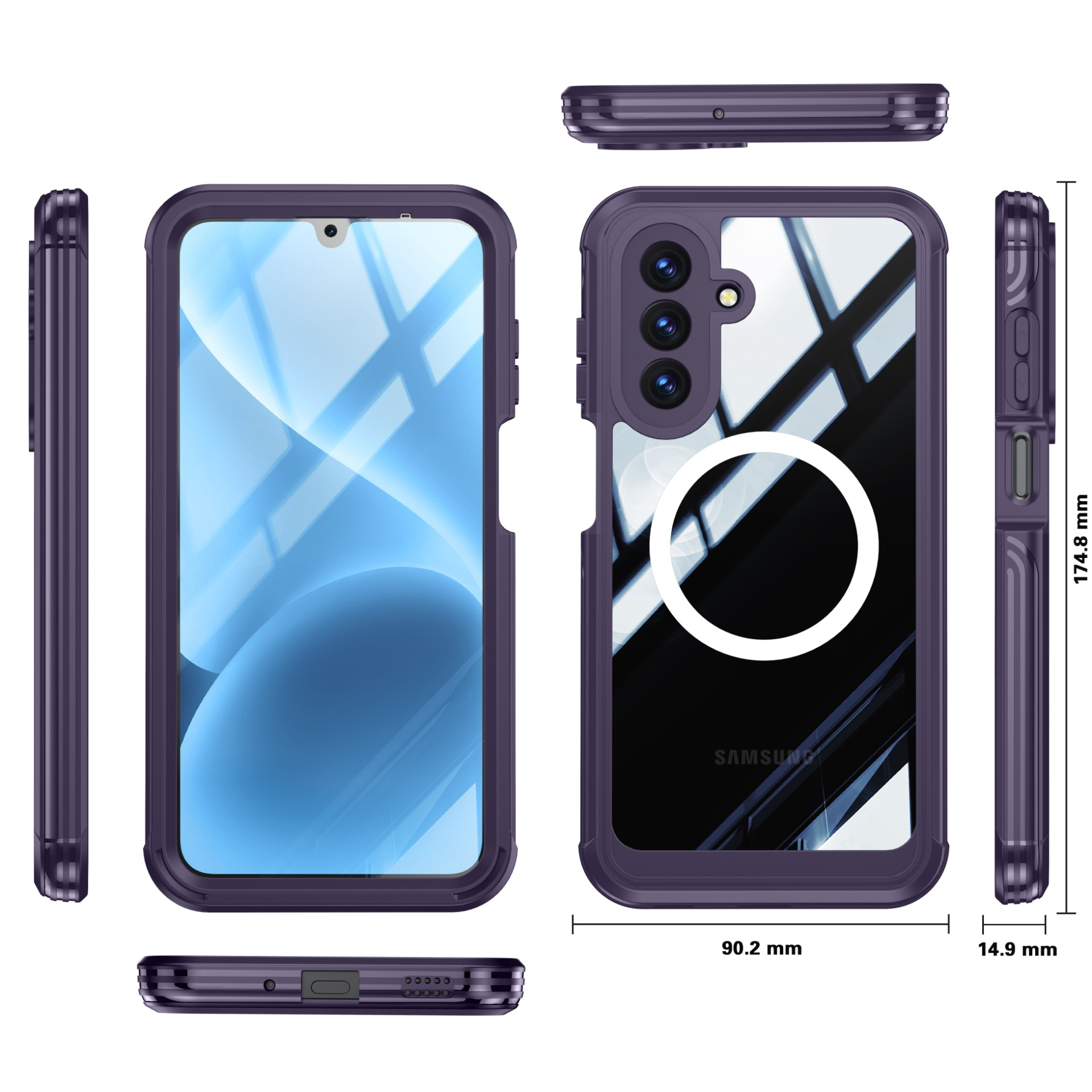 Lila Handyhülle mit durchsichtigem Rücken. Telefonabmessungen sind angegeben. Samsung-Logo sichtbar.