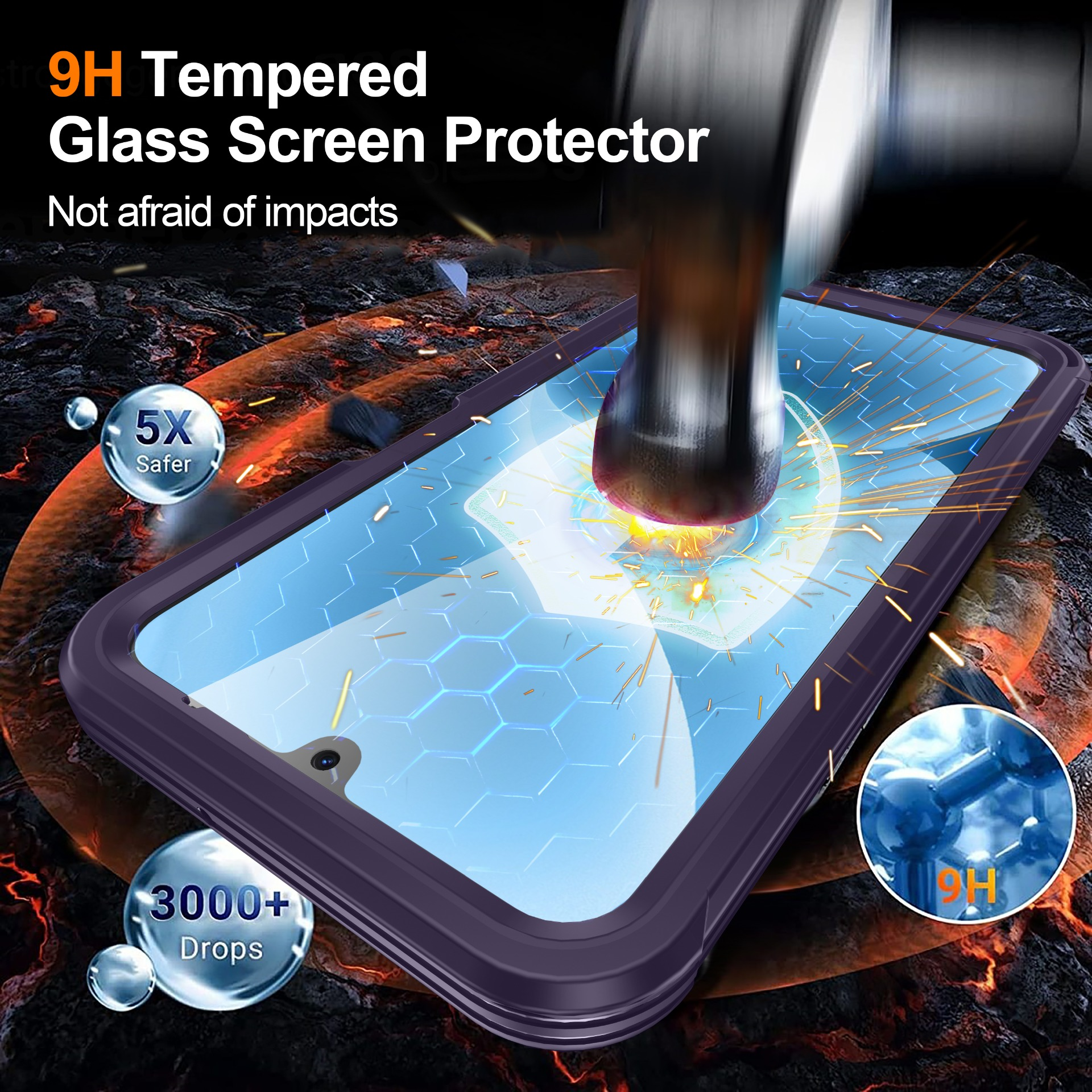 Ein Handy-Displayschutz wird von einem Hammer getroffen. Funken fliegen. Der Schutz ist mit 9H Tempered Glass beschriftet.