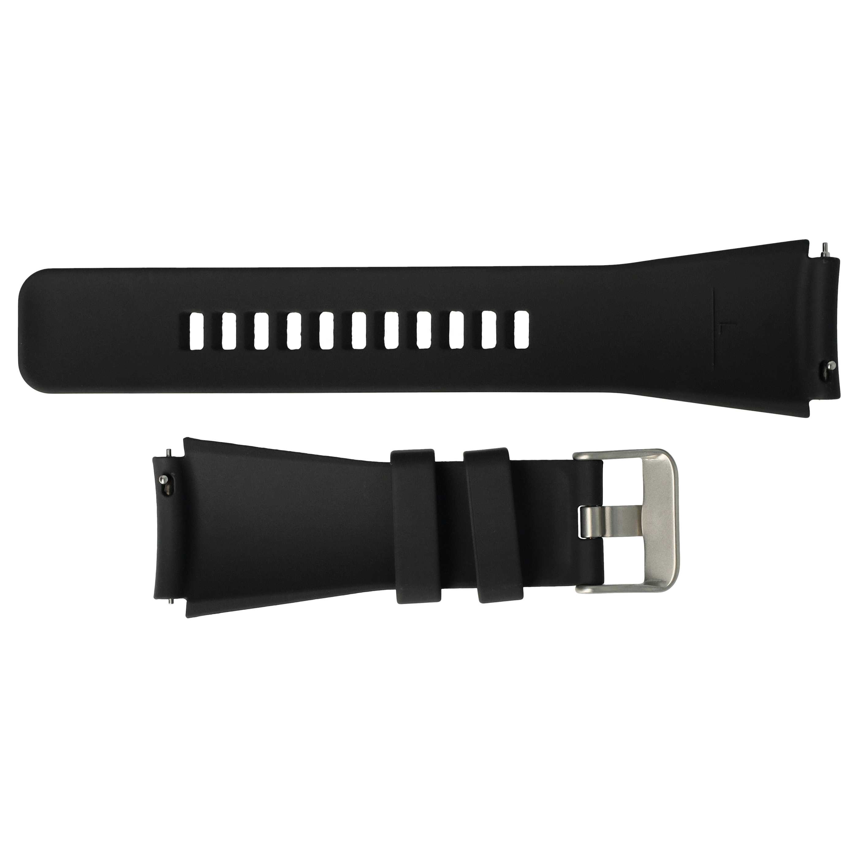 Schwarzes Uhrenarmband auf weißem Hintergrund. Hat Löcher und eine Metallschnalle.