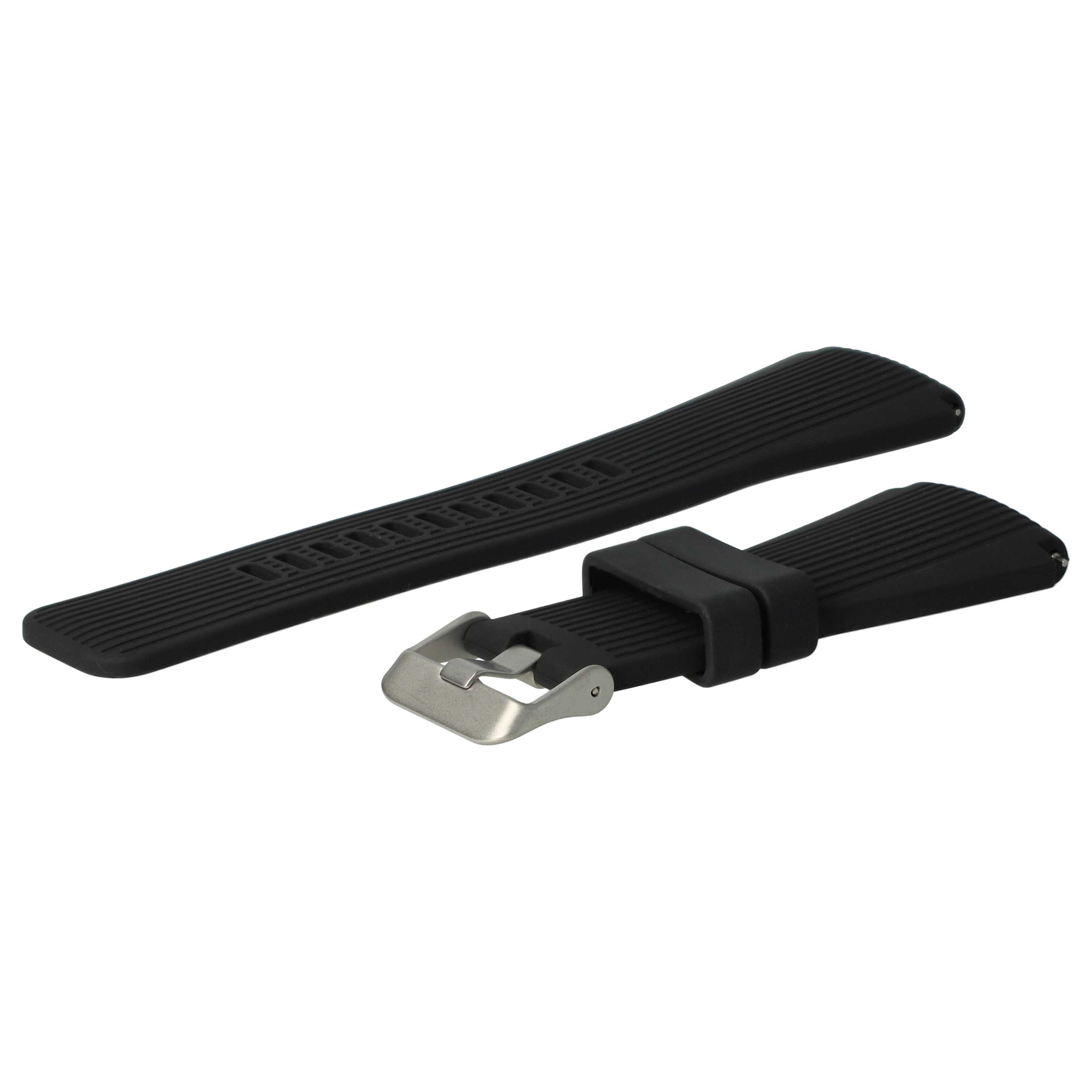 Schwarzes Uhrenarmband mit silberner Schließe. Das Armband besteht aus Gummi und hat eine strukturierte Oberfläche.