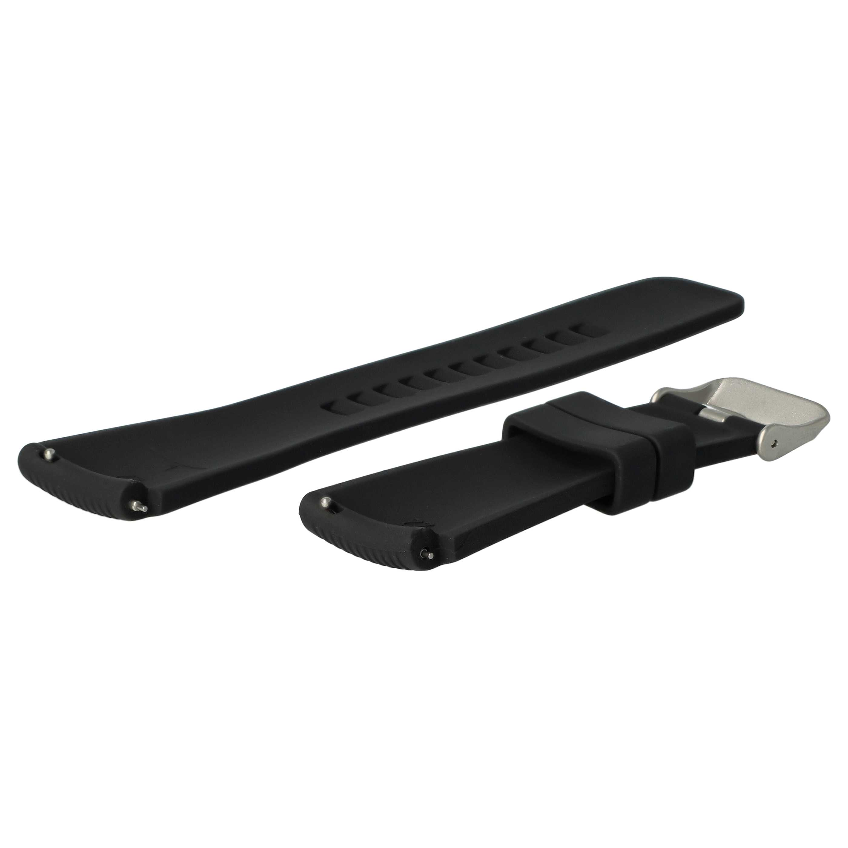 Zweiteiliges schwarzes Uhrenarmband mit silberner Schnalle. Ein Teil ist länger.