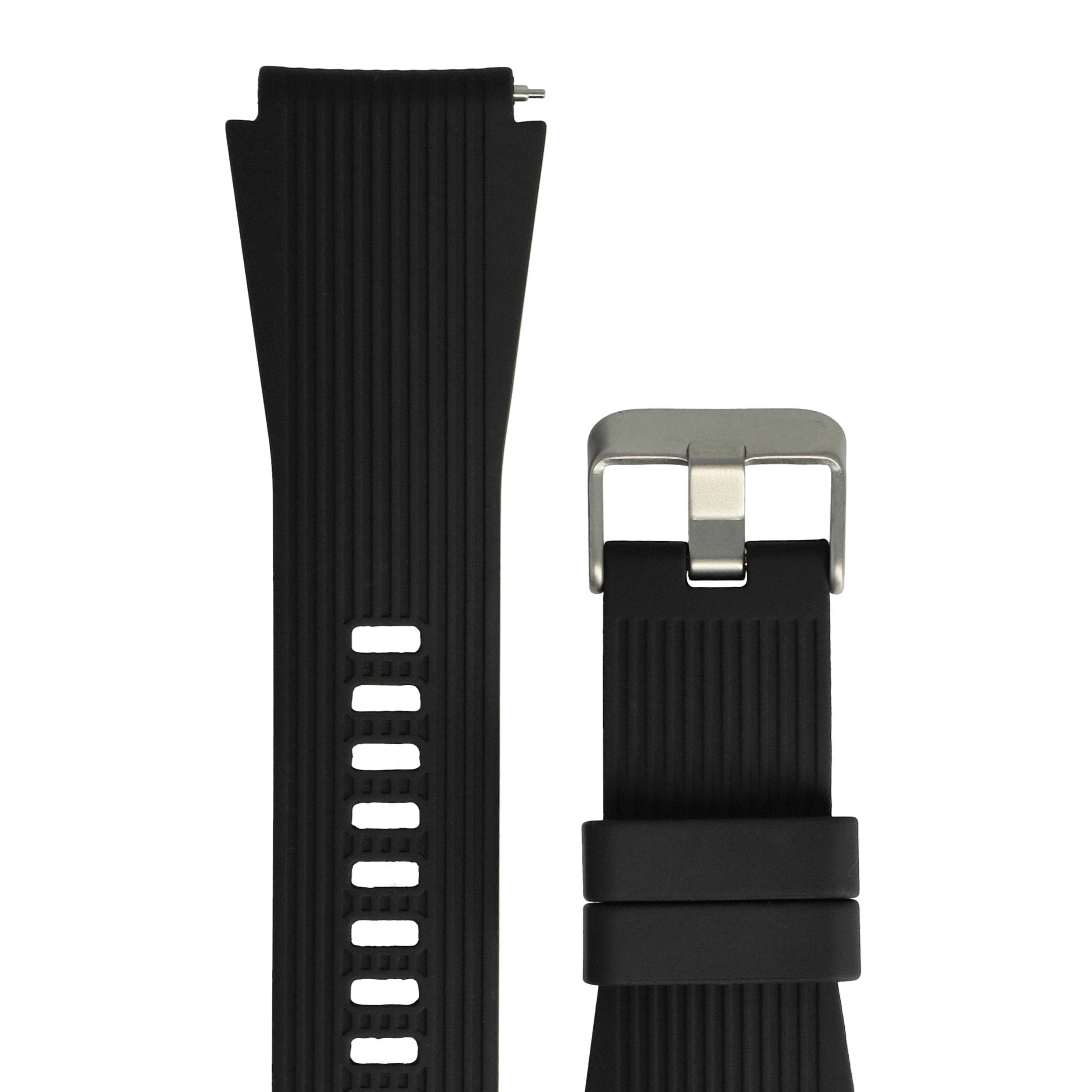 Schwarzes Uhrenarmband. Der Riemen besteht aus zwei Teilen. Ein Teil hat Löcher, der andere eine Metallschnalle.