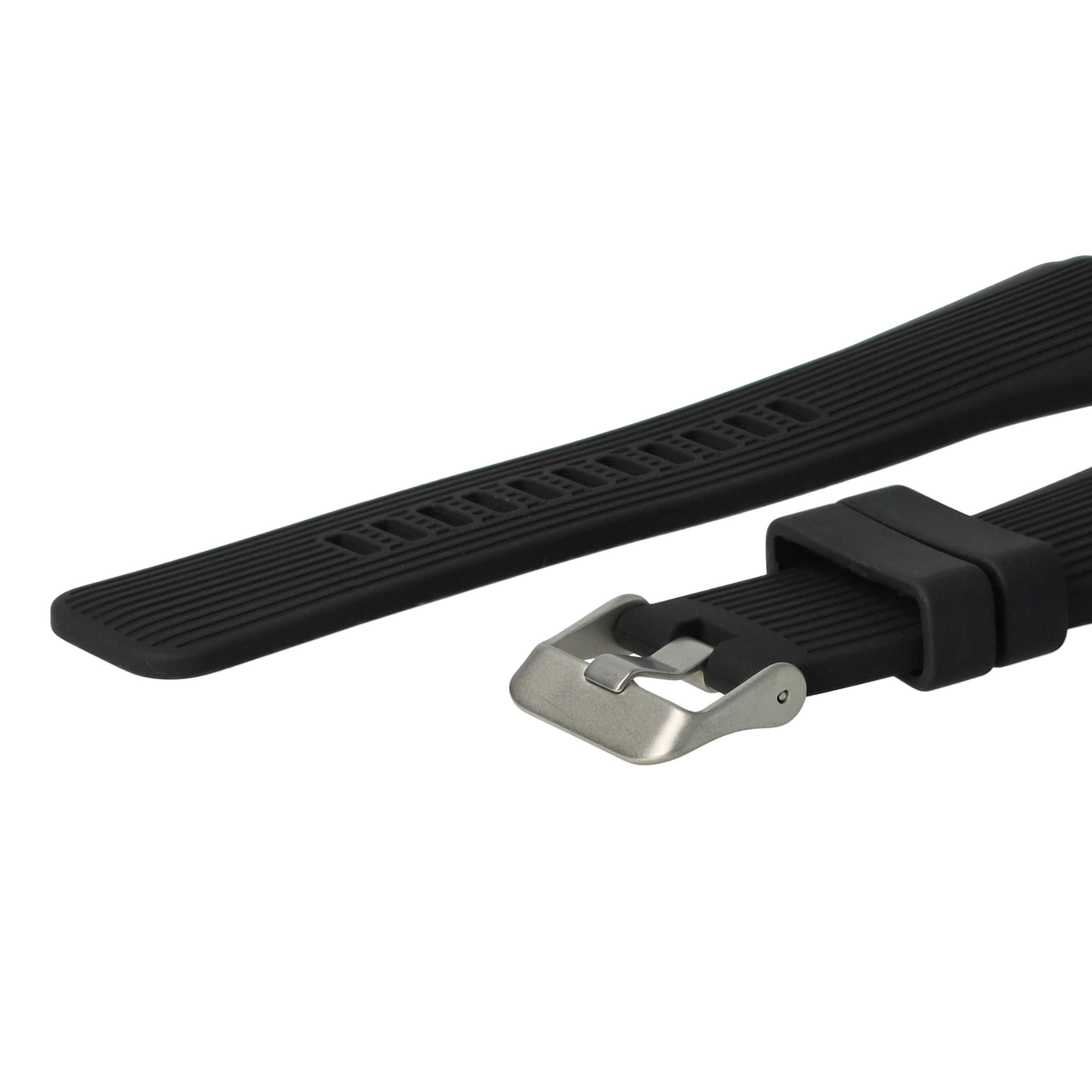 Schwarzes Uhrenarmband mit silberner Schließe. Das Armband ist gerippt.