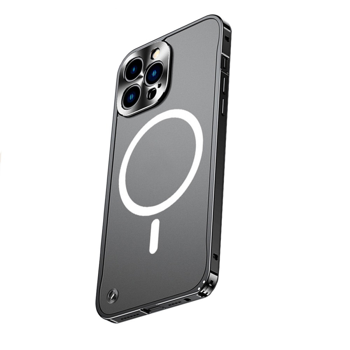 Una custodia trasparente per iPhone con cornice nera e indicatore MagSafe circolare bianco. Il telefono ha un modulo fotocamera.