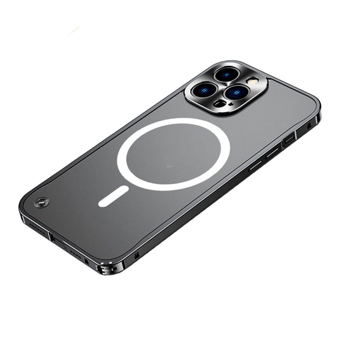 Una custodia per telefono con retro trasparente, un cerchio bianco con un segno meno e un ritaglio per la fotocamera. Sono visibili colori grigi e neri.