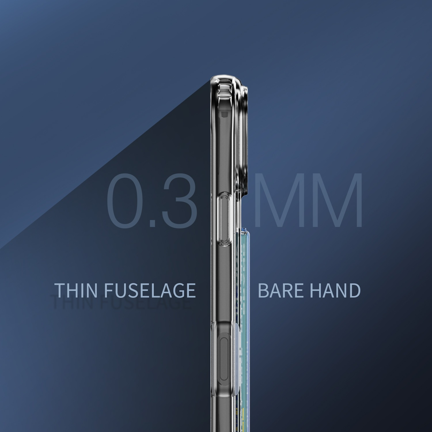 Un telefono in una custodia trasparente. Il testo dice '0,3 MM', 'fusoliera sottile' e 'mano nuda'. Lo sfondo è blu scuro.