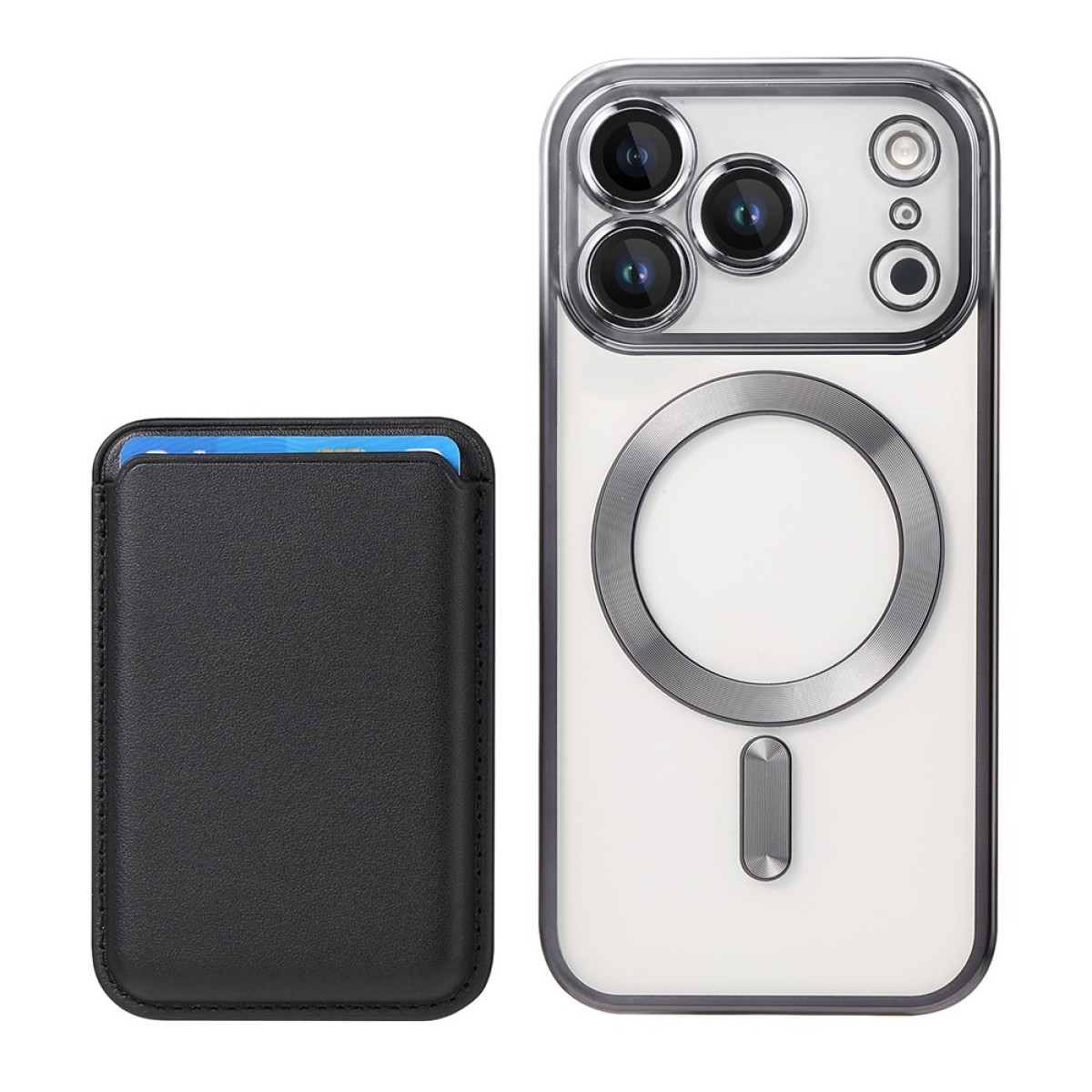 Una custodia per iPhone e un porta carte in pelle nera. La custodia è bianca con cornice argentata. Il porta carte ha carte blu.