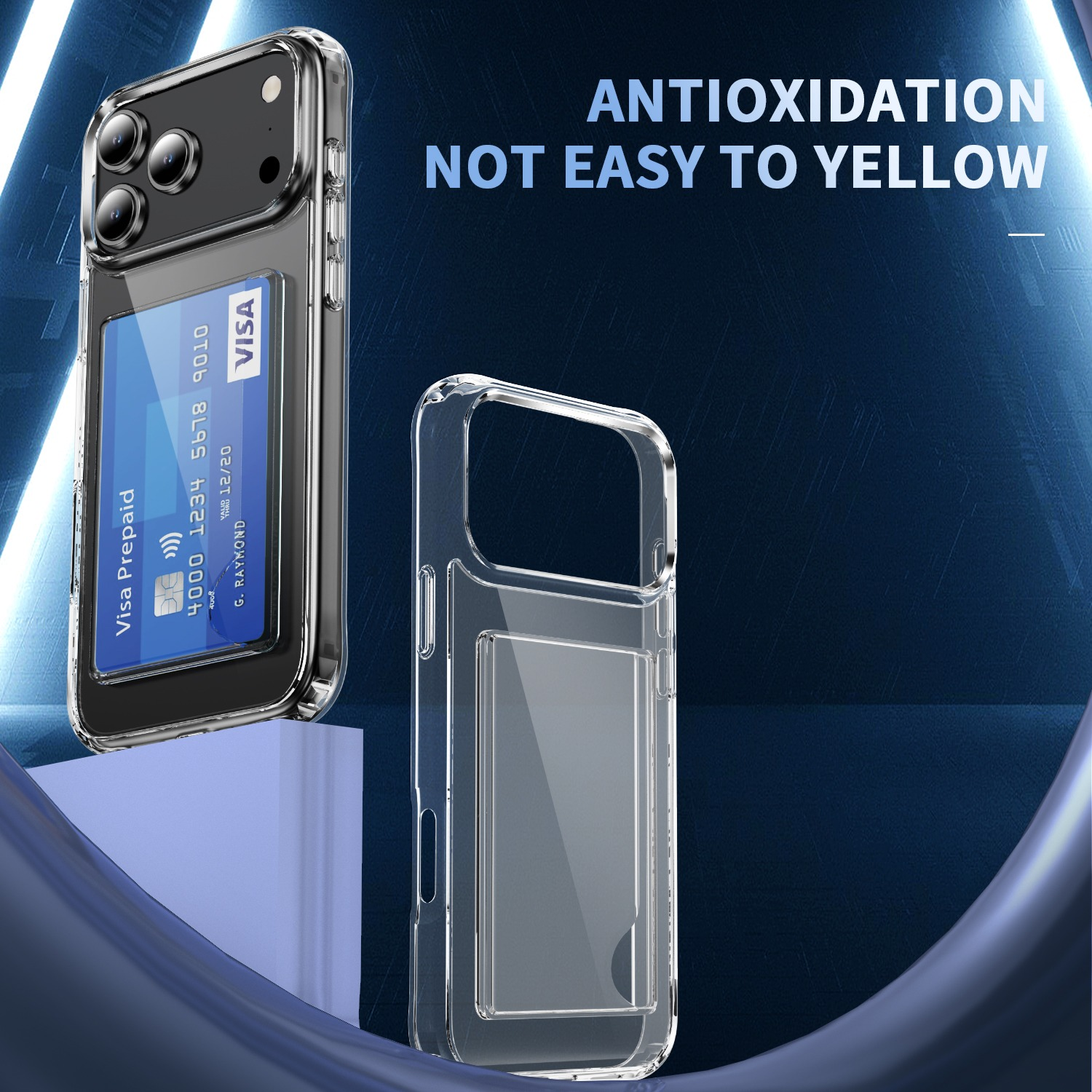 Viene mostrata una custodia trasparente per telefono con slot per carte, con una carta Visa all'interno. Il testo 'ANTIOXIDATION NOT EASY TO YELLOW' è visibile.