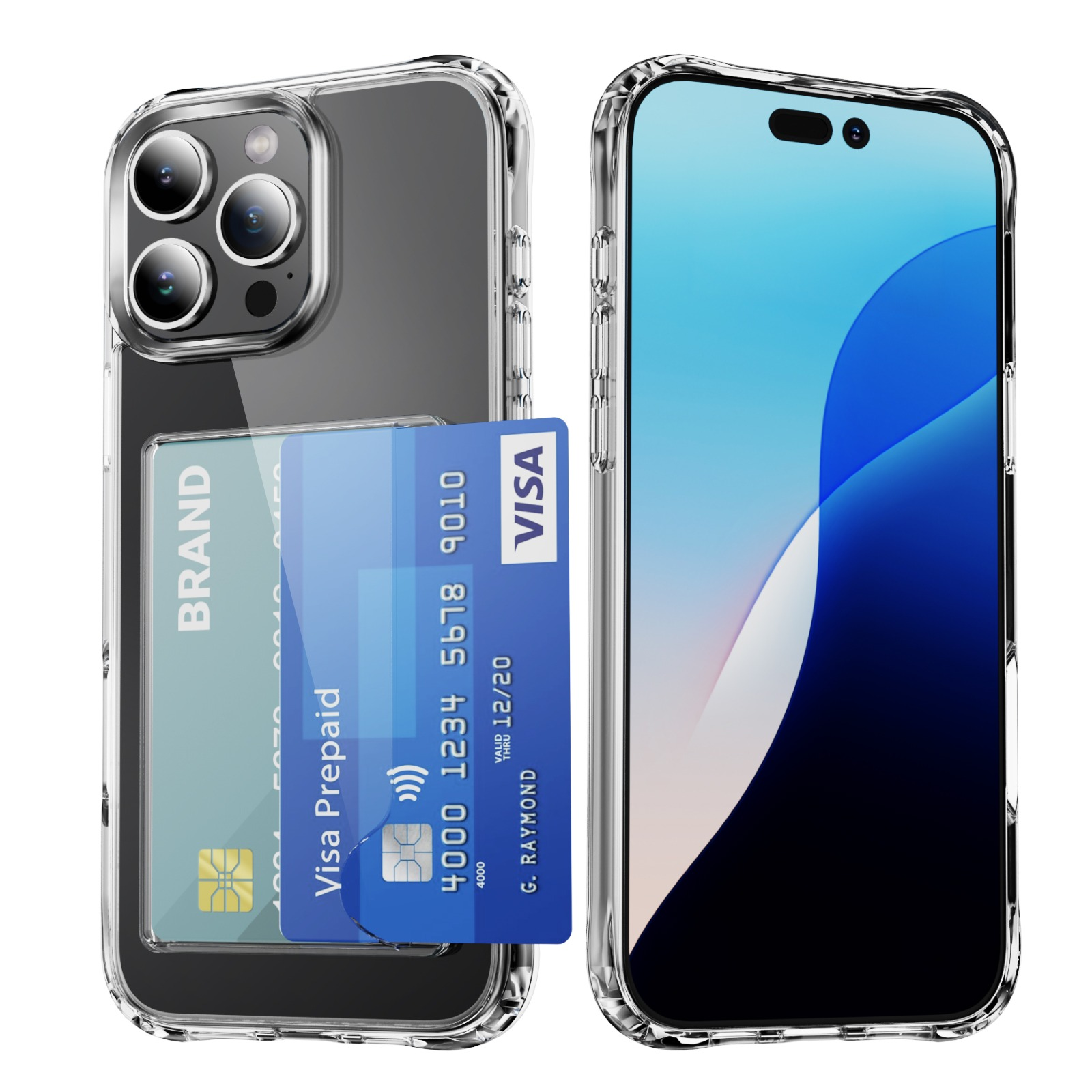Custodia trasparente con un telefono all'interno. Una carta Visa blu è nella custodia. Lo schermo mostra uno sfondo blu e bianco.