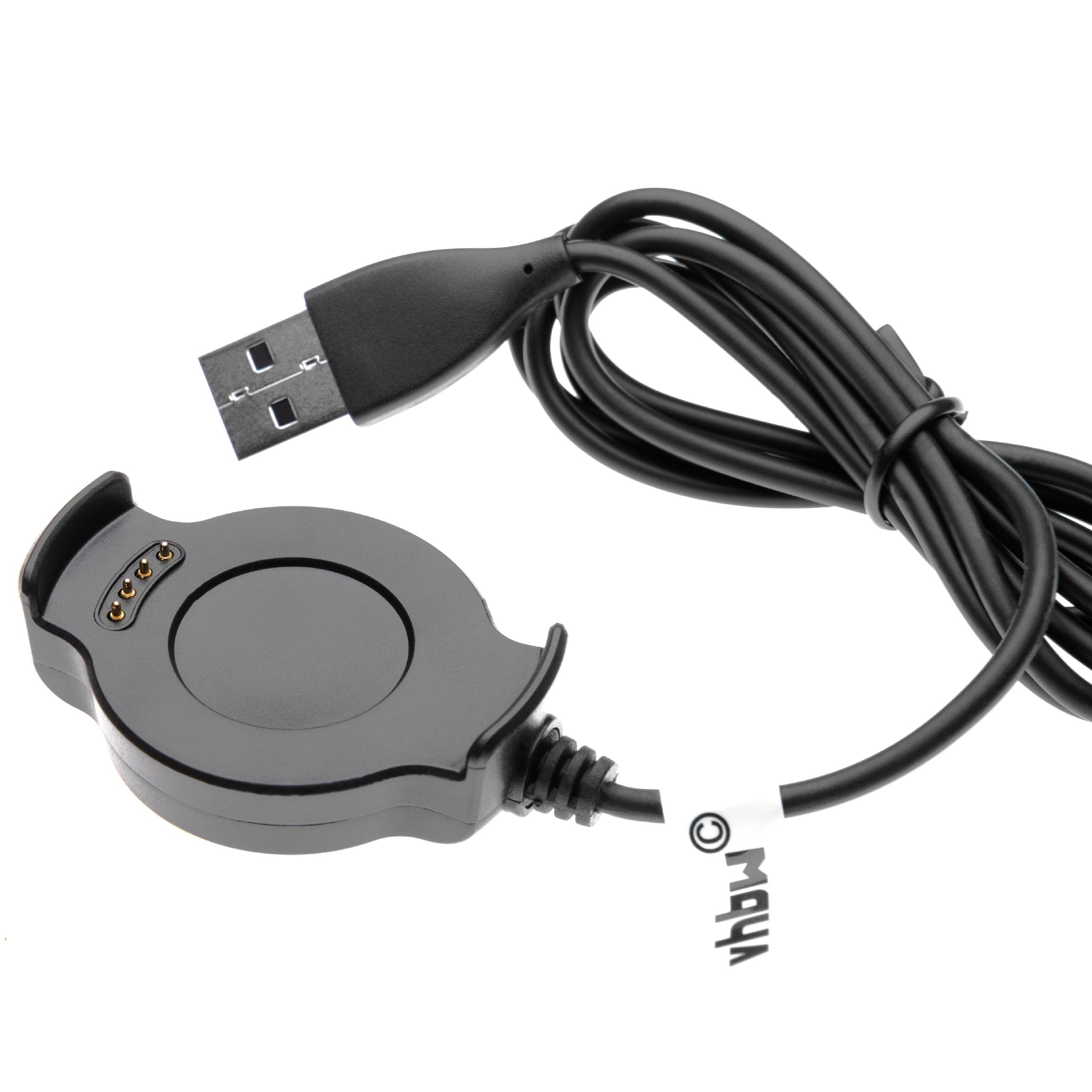 Ein schwarzes Smartwatch-Ladegerät mit USB-Anschluss und Kabel. Das Ladegerät befindet sich auf weißem Hintergrund.