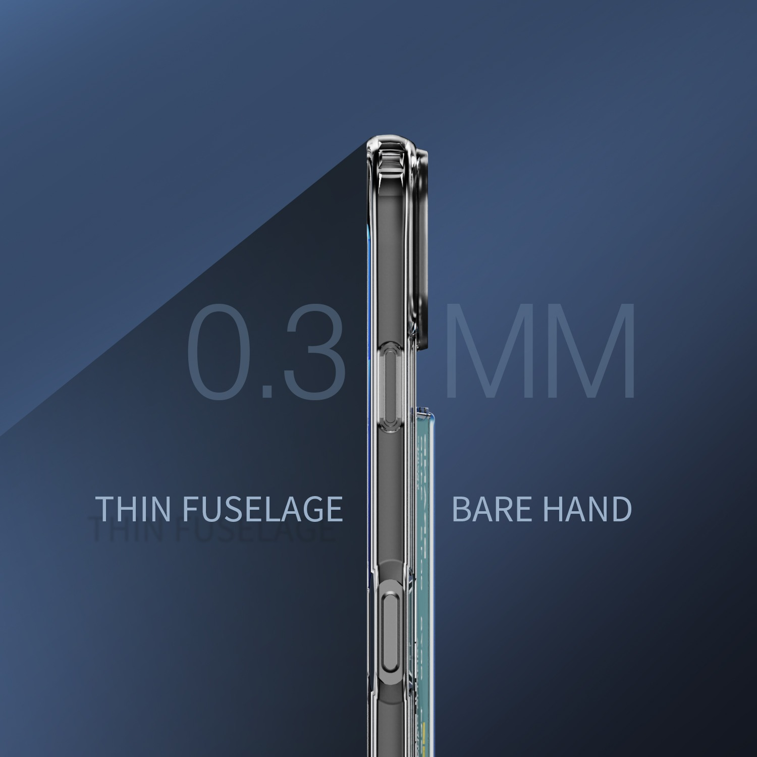 È mostrata una custodia per telefono, con il testo 0,3 MM, fusoliera sottile e mano nuda. Lo sfondo è blu.