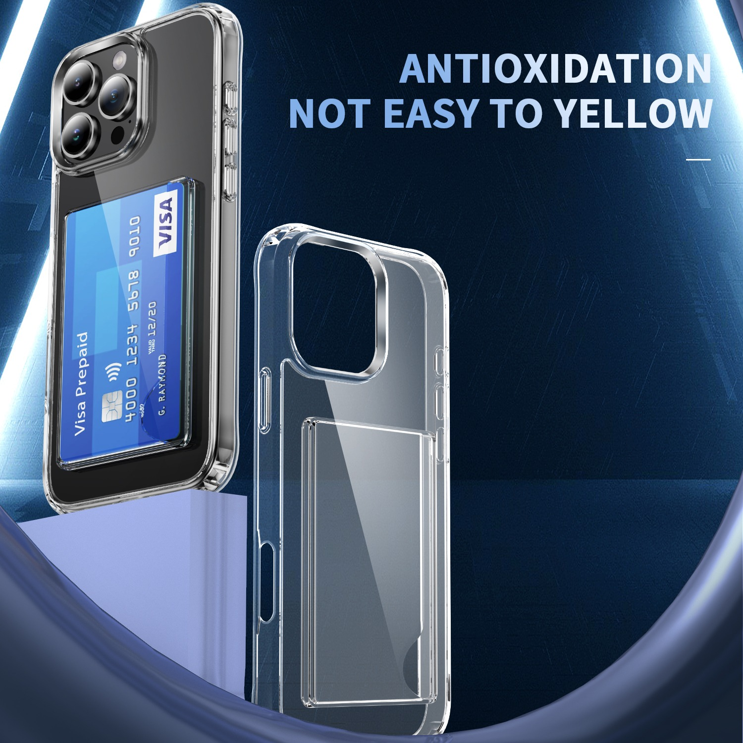 Custodia trasparente per telefono con carta Visa. Testo: ANTIOSSIDAZIONE NON FACILE DA INGIALLIRE. Sfondo sfumato blu.