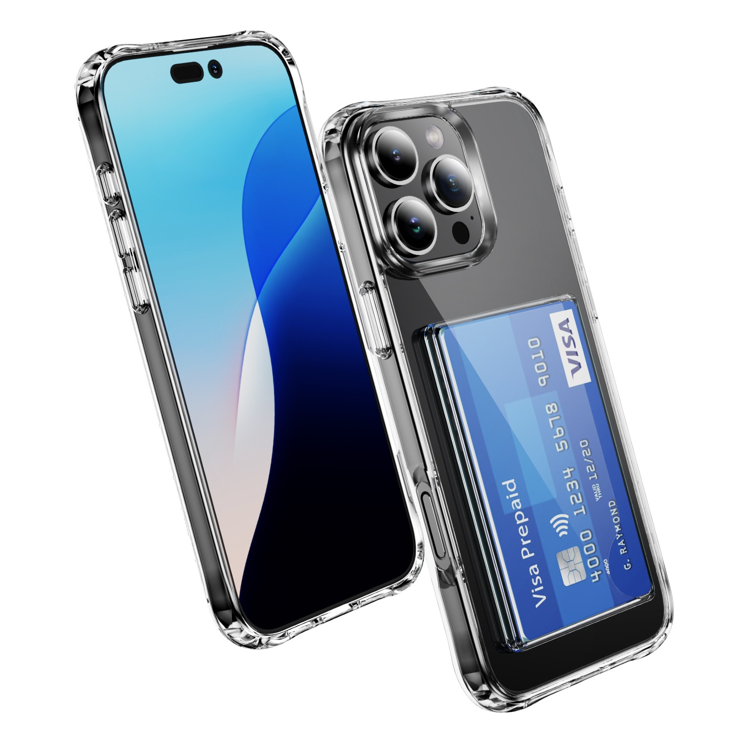 Due custodie trasparenti per telefono, una con schermo blu, l'altra con carta di credito. Entrambe su sfondo bianco.
