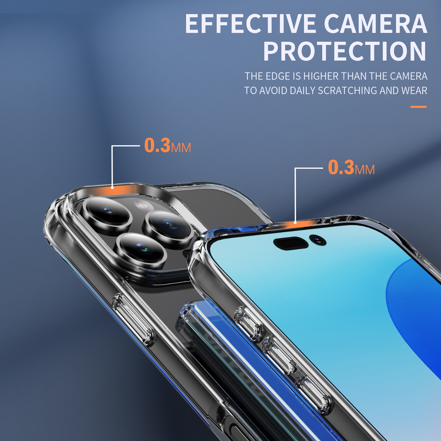 Custodia trasparente per telefono con protezione fotocamera. Il bordo è più alto per evitare graffi. 0,3 mm è l'altezza.