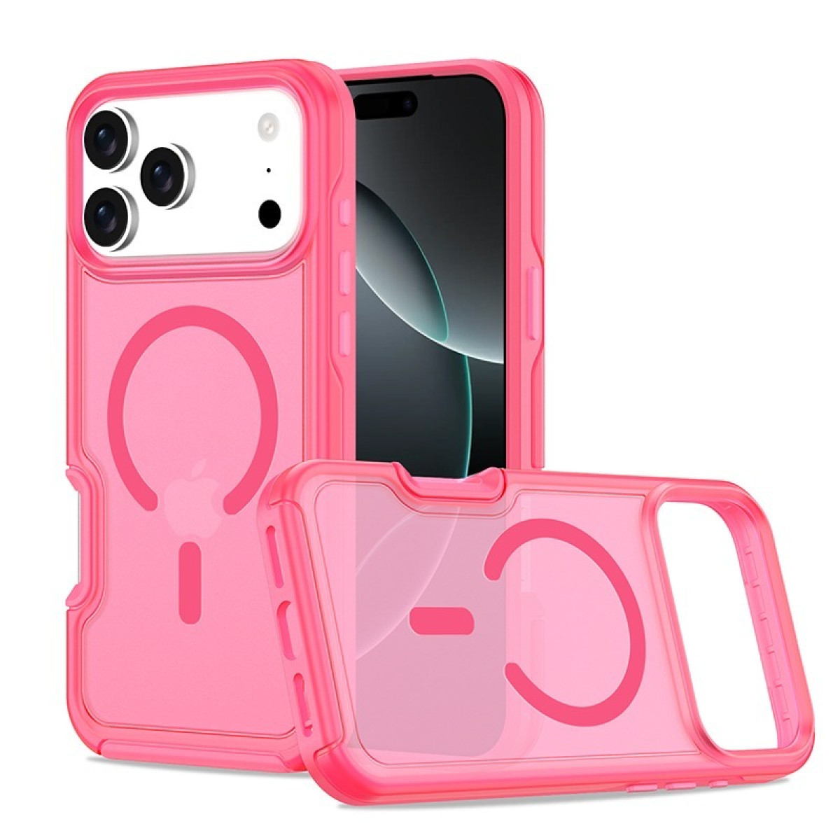 Custodia rosa per telefono con retro trasparente. La custodia ha un design ad anello magnetico. Il telefono è nero.
