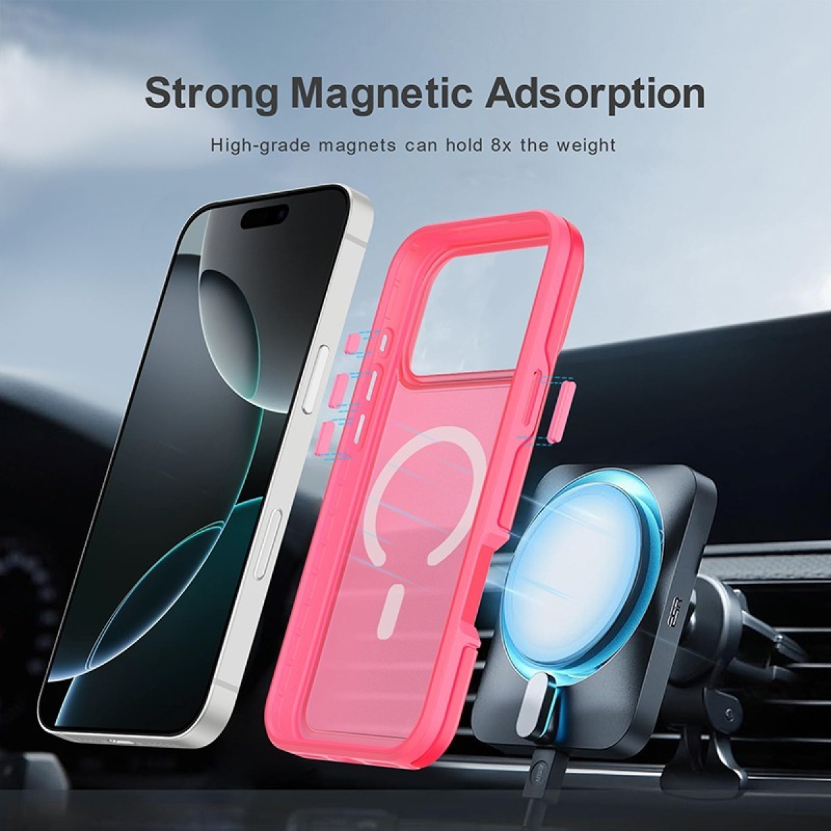 Un telefono e una custodia rosa sono mostrati, insieme a un supporto magnetico per auto. La scena suggerisce una forte adsorbimento magnetico.