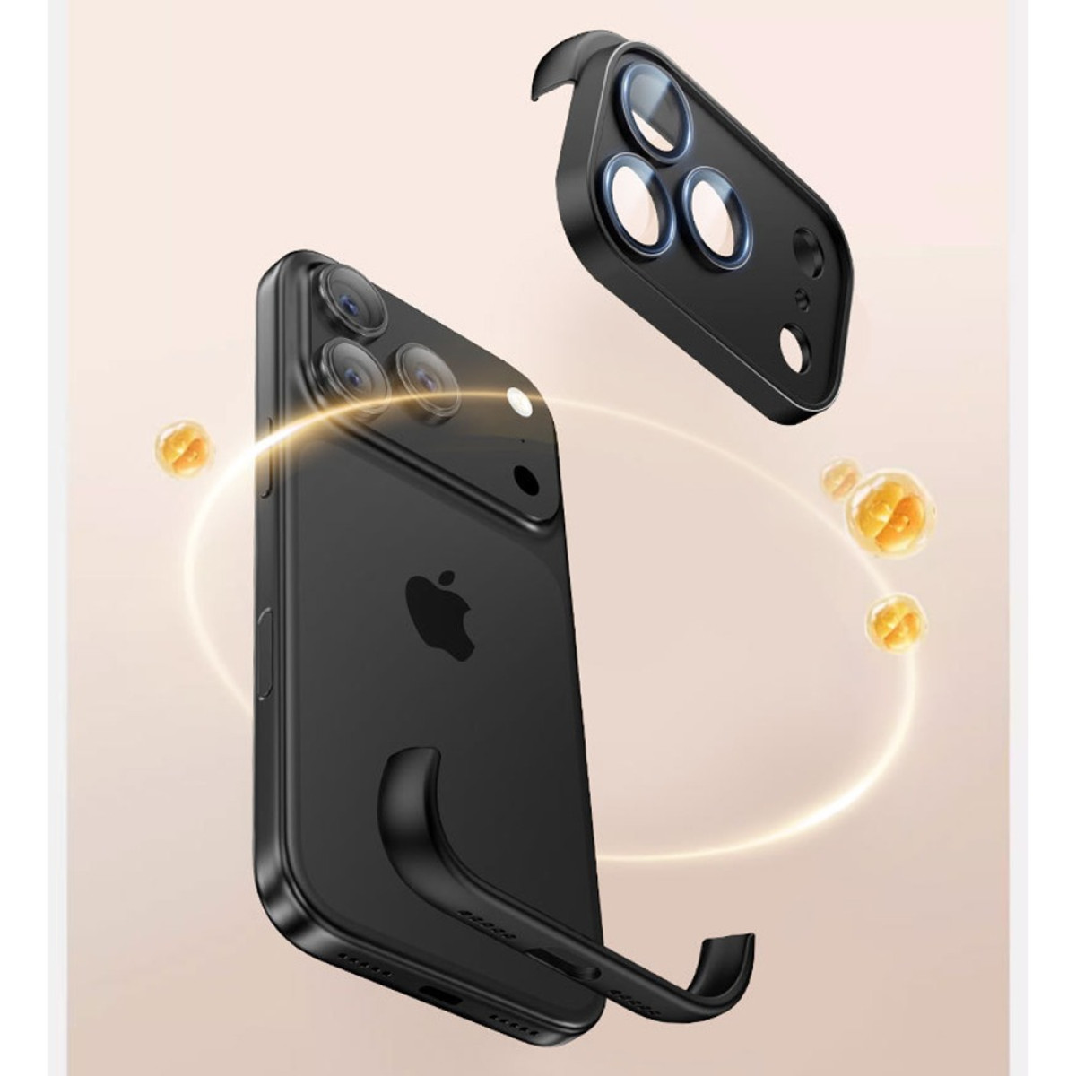 iPhone nero con custodia protettiva. Obiettivi della fotocamera visibili. Il telefono fluttua su sfondo chiaro con sfere arancioni.
