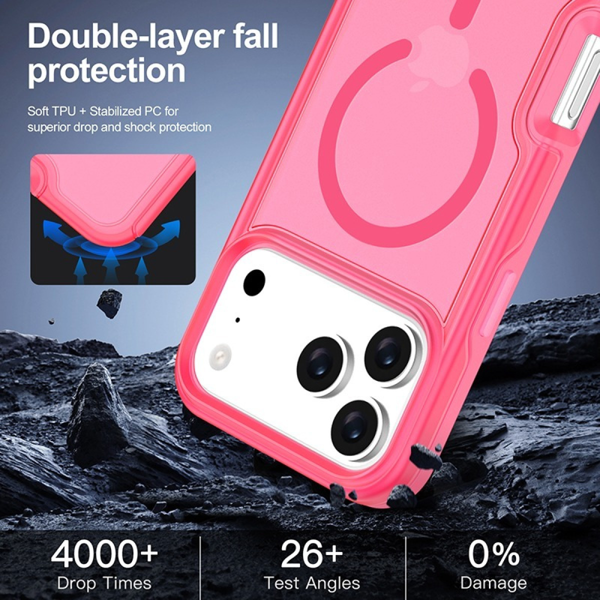 È mostrata una custodia rosa per telefono con protezione a doppio strato. La custodia è su un telefono bianco con tre fotocamere. Lo sfondo è una superficie di pietra.