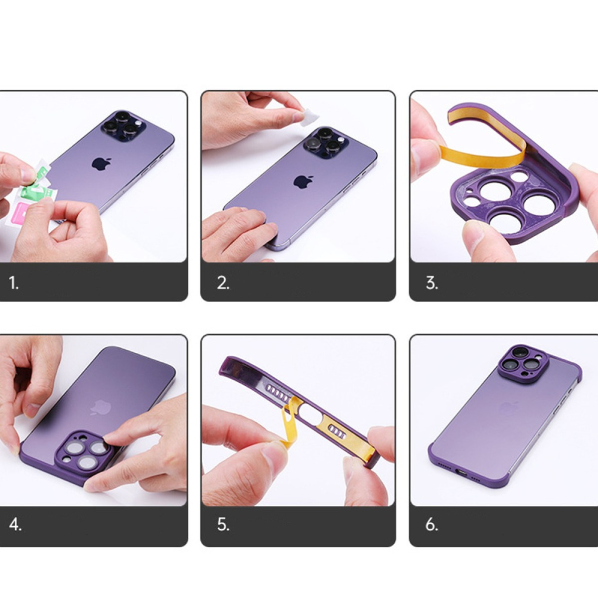 Passaggi per installare una custodia viola su un telefono viola. Include la rimozione degli adesivi e l'assemblaggio della custodia.