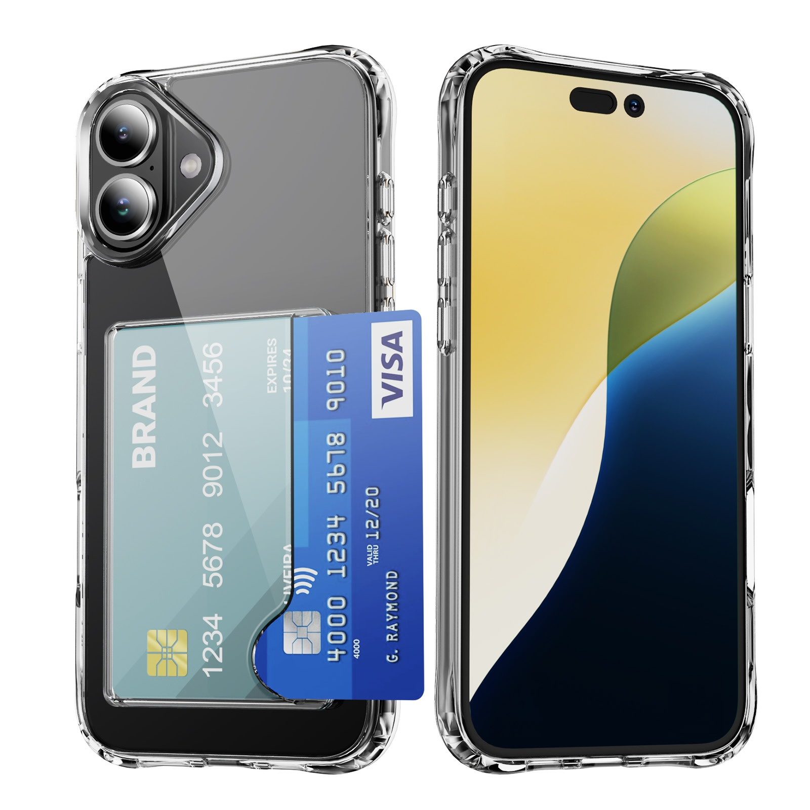 Due telefoni in custodie trasparenti, uno con una carta. La carta è blu con logo VISA e numeri.
