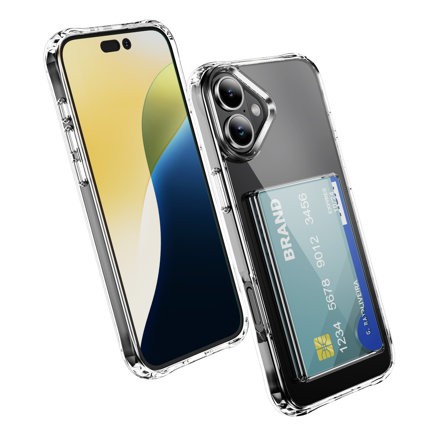 Due smartphone in custodie trasparenti. Uno mostra lo schermo, l'altro ha una carta di credito. Entrambi su sfondo bianco.