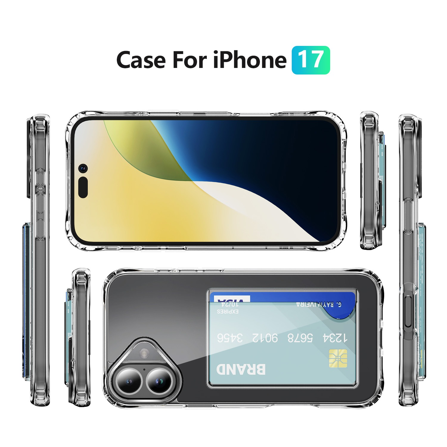 Custodia trasparente per iPhone 17 con slot per carte. Mostra lo schermo e la fotocamera del telefono. Include carta di credito.