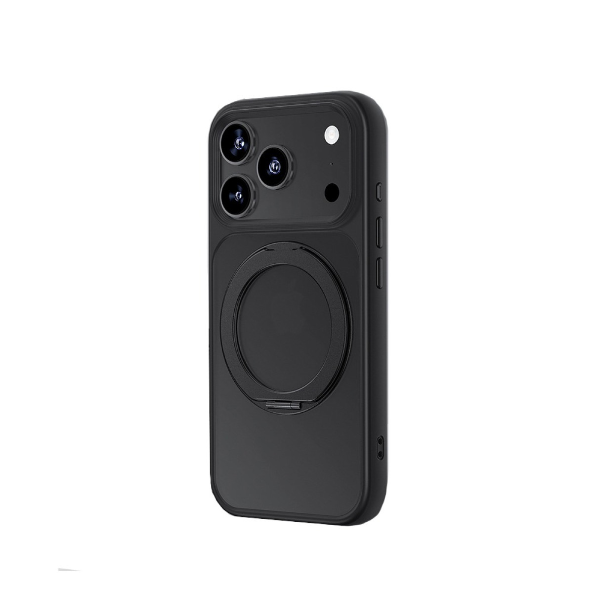 Una custodia nera per telefono con un modulo fotocamera contenente tre lenti e un'impugnatura circolare. È un design elegante.