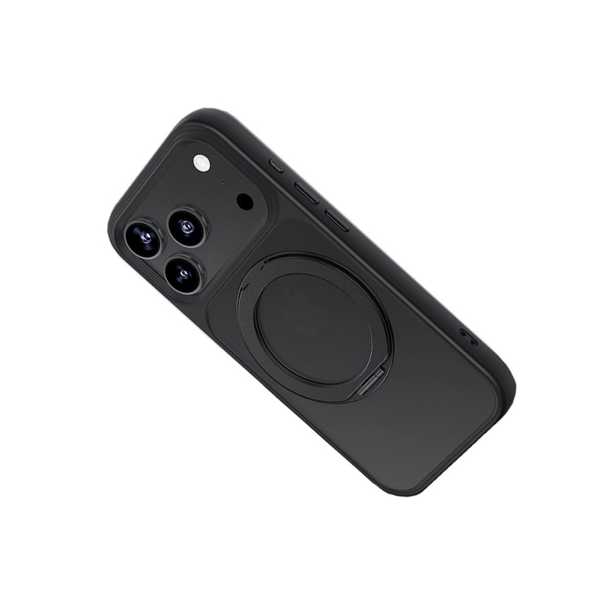 Una custodia nera per telefono con supporto ad anello, angolata su sfondo bianco. Ha un'ammaccatura della fotocamera con tre lenti.