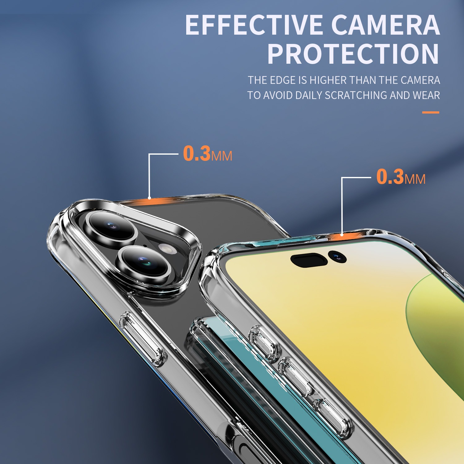 Una custodia trasparente per telefono mostra un telefono con schermo giallo. Il testo recita 'Protezione efficace della fotocamera' e '0,3 mm'.