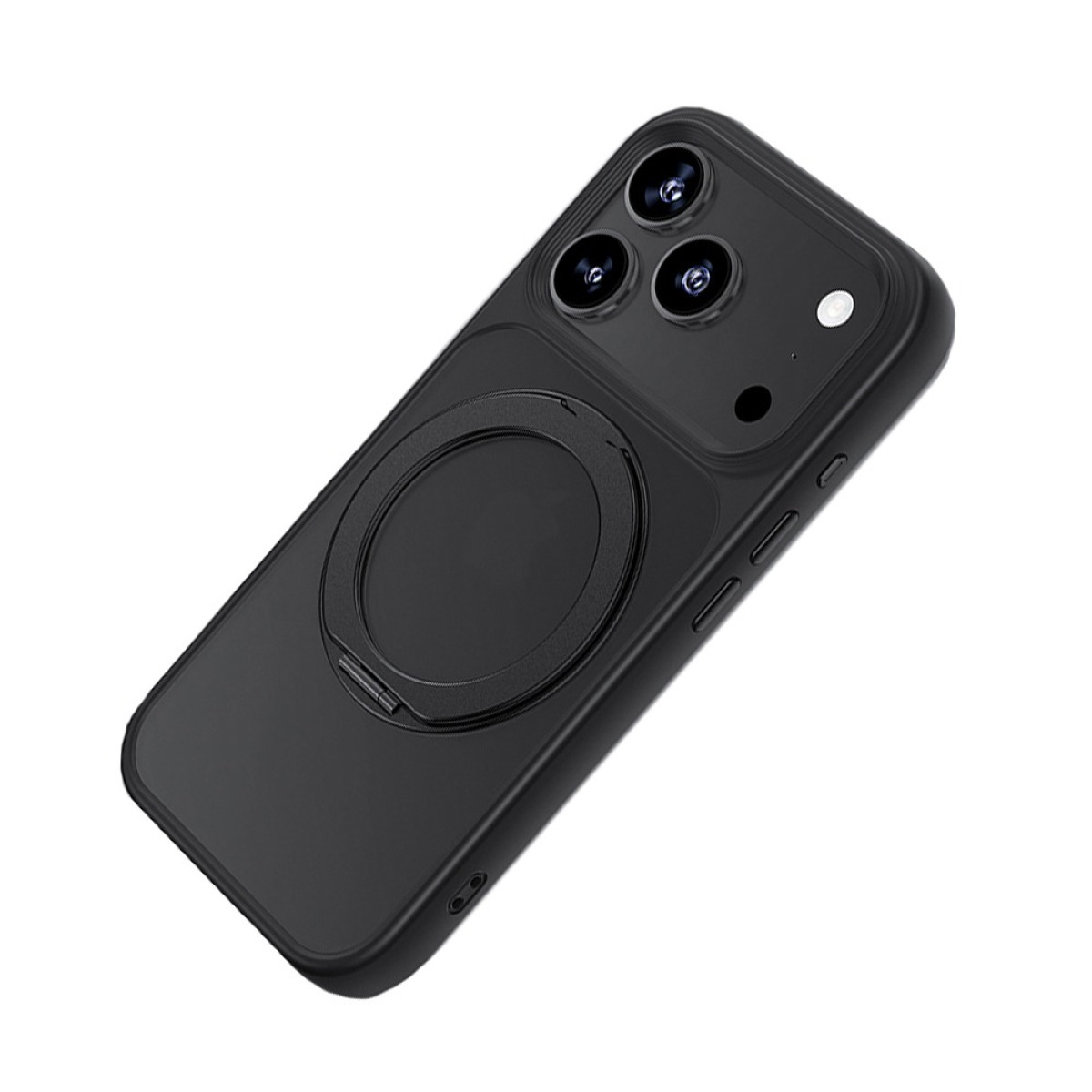 Custodia nera per telefono con lenti della fotocamera e supporto ad anello, su sfondo bianco.