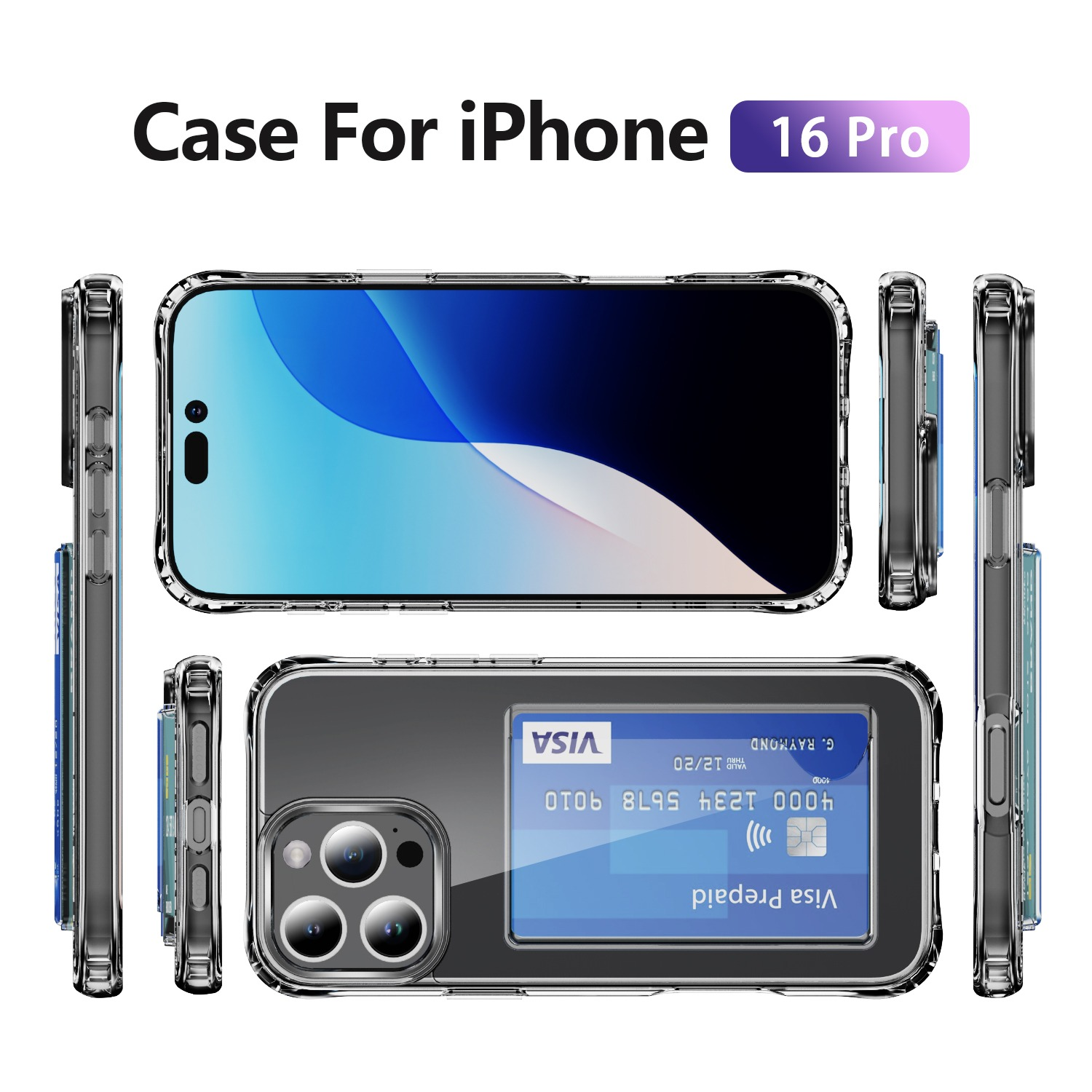 Custodia trasparente per iPhone 16 Pro che mostra un telefono e una carta di credito. La carta Visa è visibile. La custodia è trasparente.